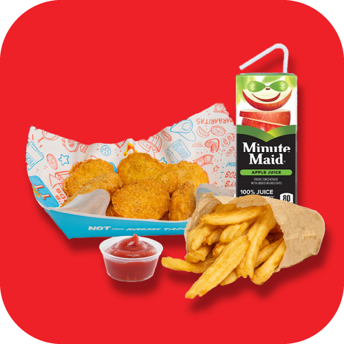 Fast food meal with chicken nuggets, French fries in a paper sleeve, ketchup, and a carton of apple juice on a red background.