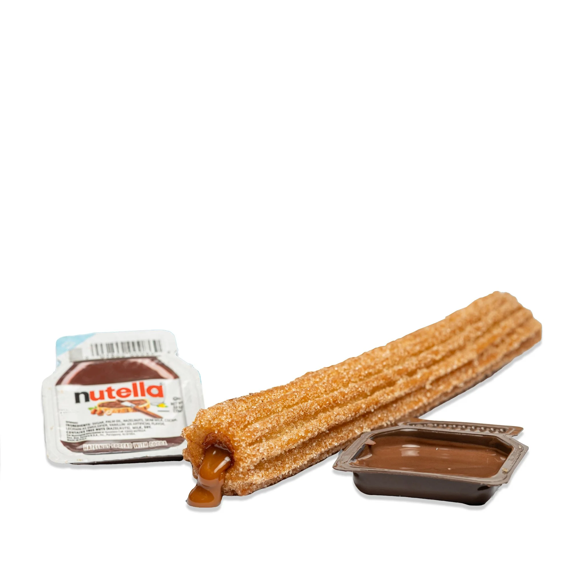 Churro with caramel filling, Nutella spread, and caramel sauce