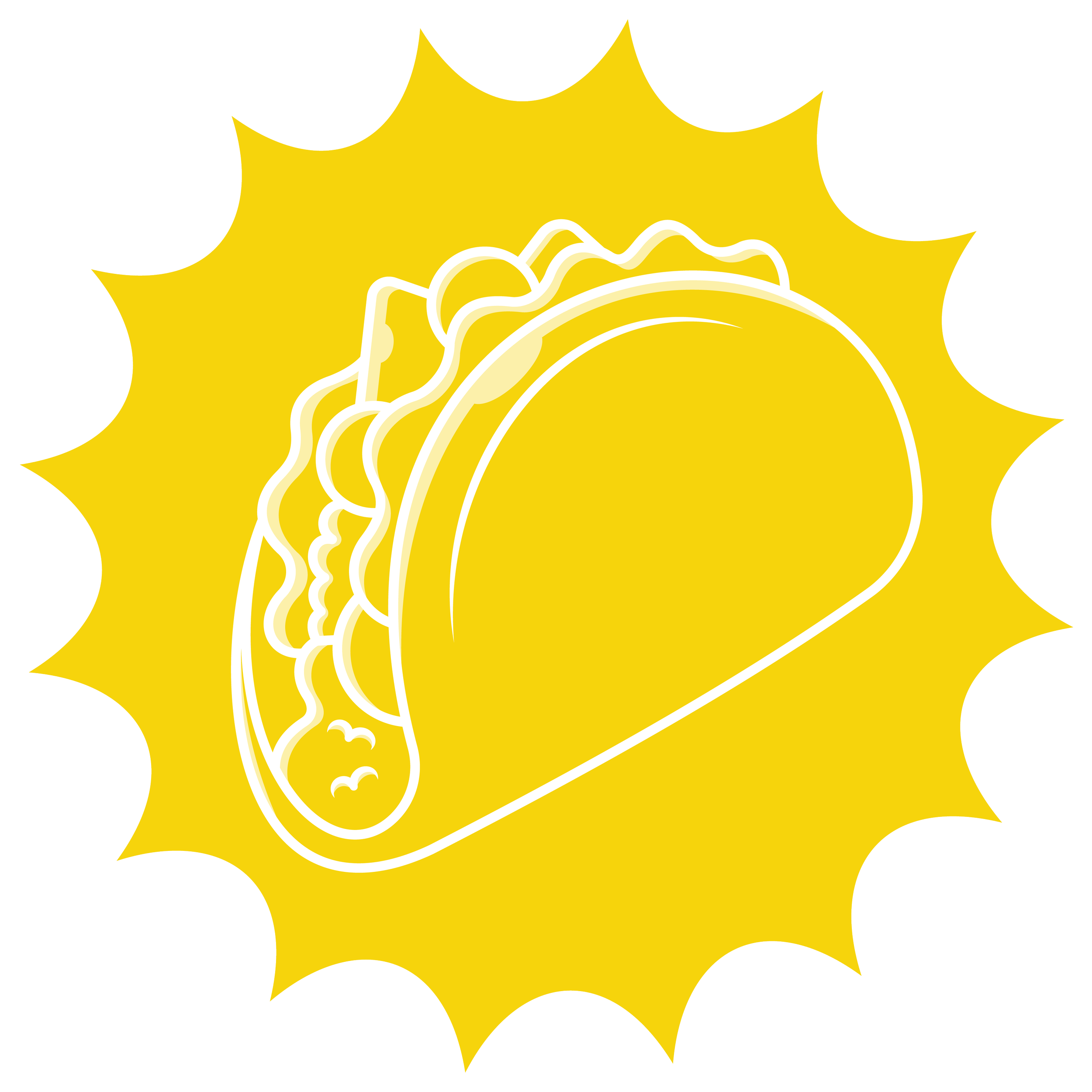 Line drawing of a taco with lettuce and possibly other fillings, set against a bright yellow background with a spiky border.