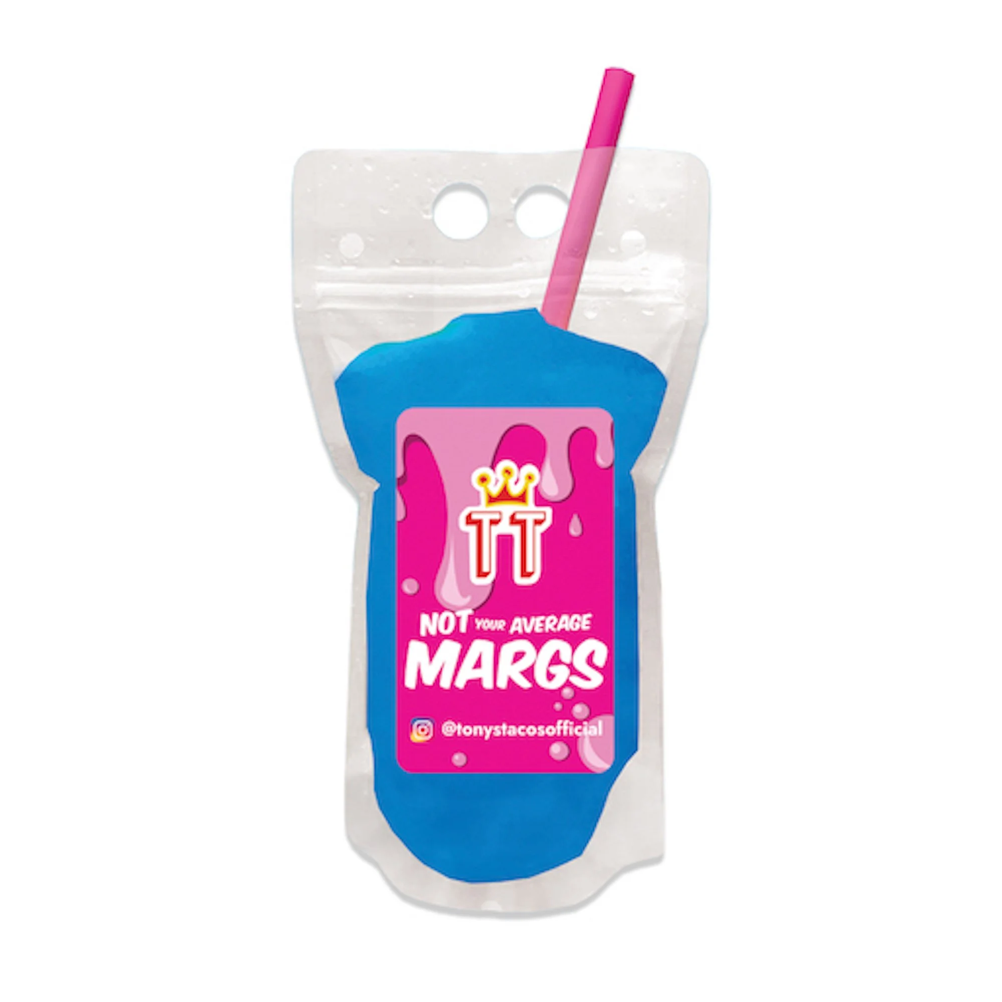 FROZEN BLUE RAZZ Margarita from Tony’s Tacos—a vibrant frozen margarita served in a drink pouch for ultimate convenience. This refreshing, bold-flavored marg is perfect for taco lovers in NYC, Queens, and Long Island.