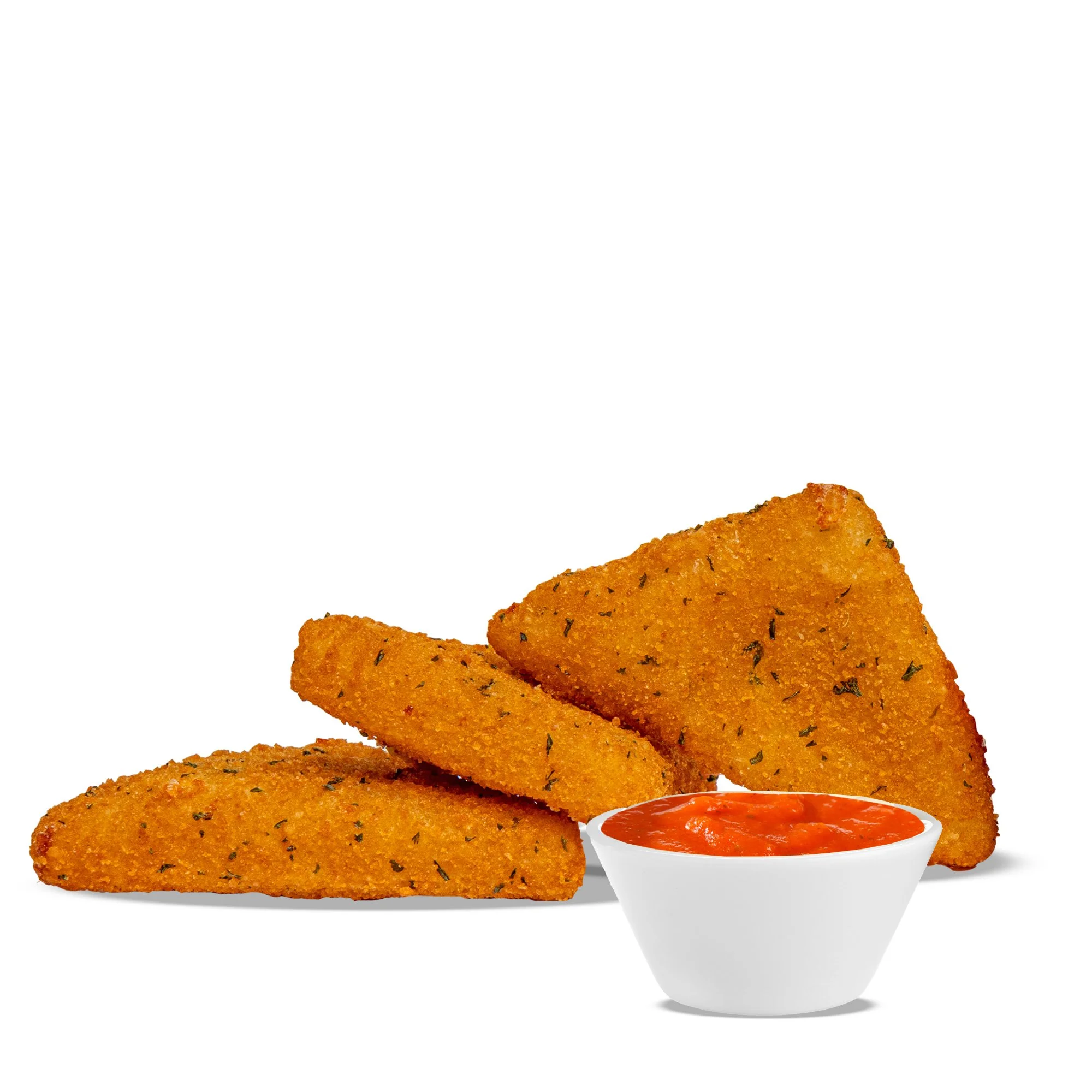 MOZZARELLA TRIANGLES [3] - served with a side of tomato sauce on a white background.