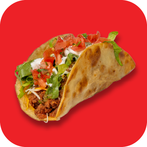 Two tostadas topped with meat, chili peppers, cheese, and vegetables on a red background.
