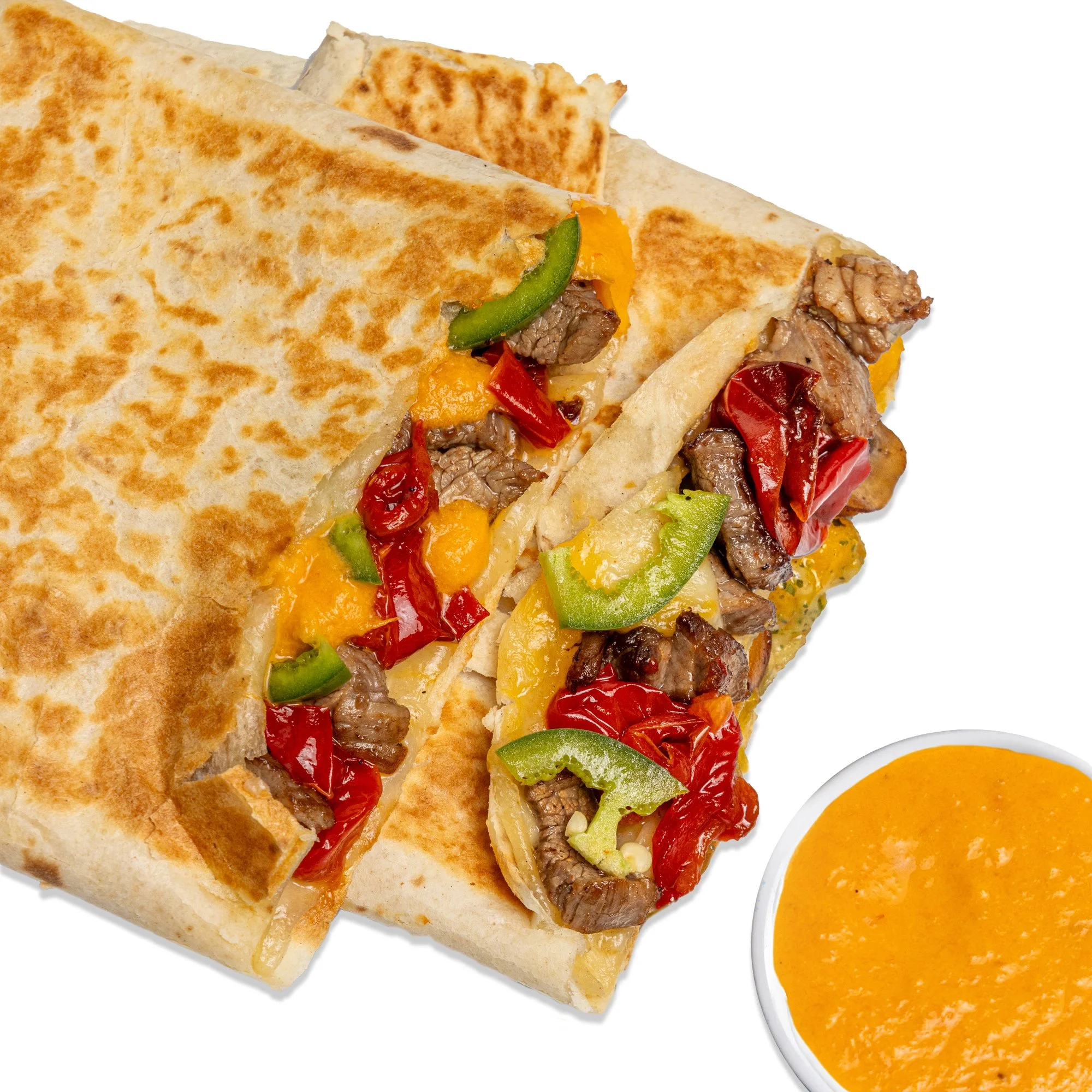 SPICY STEAK QUESADILLA - steak, cheese, sweet red peppers, jalapeno, spicy red sauce