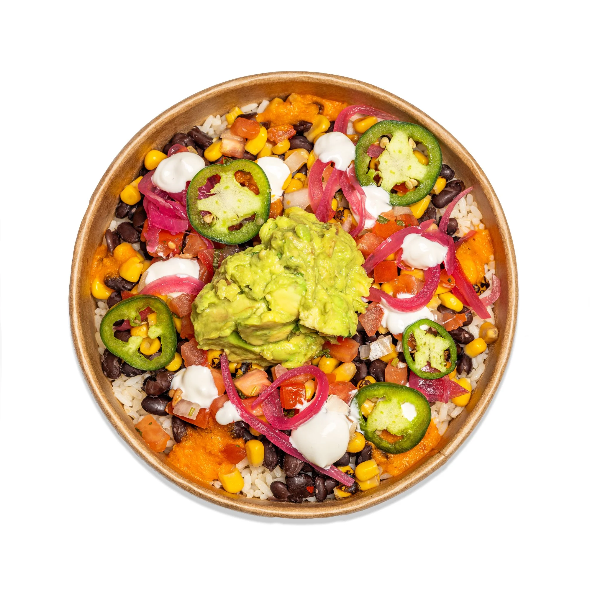 BUILD YOUR OWN BOWL - choose base, protein, toppings & sauces. Bowl of Mexican-style rice and black beans topped with sliced jalapeños, guacamole, sour cream, pickled onions, and chopped vegetables.