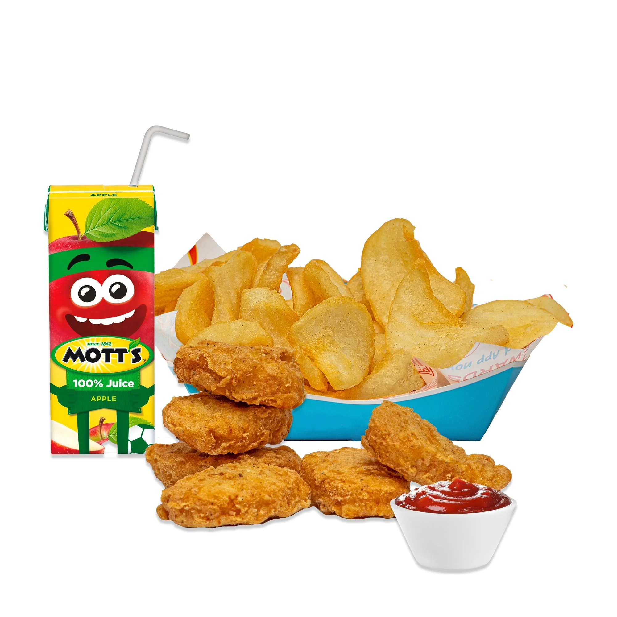 KID'S COMBO MEAL  -chicken nuggets, FRIES, and a carton of apple juice with a straw.
