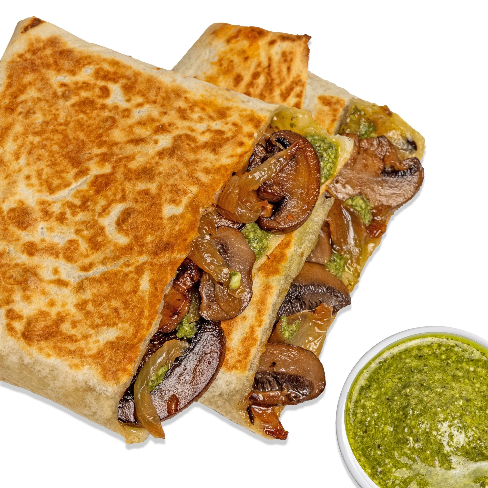 FUNGHI QUESADILLA - portobello mushroom, caramelized onion, pesto, parmigiano