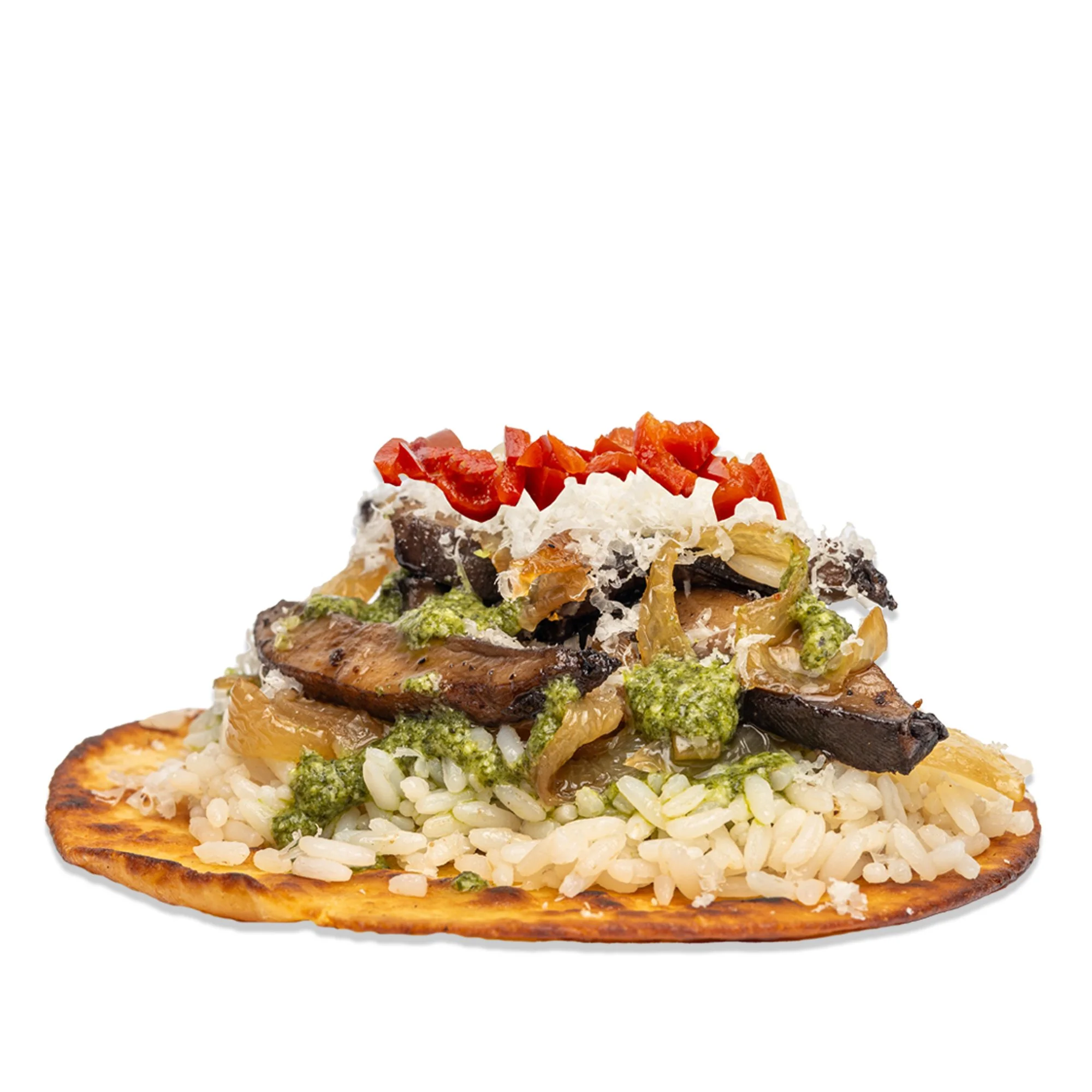 Taco with rice, grilled vegetables, diced tomatoes, shredded cheese, and sauce on a white background.