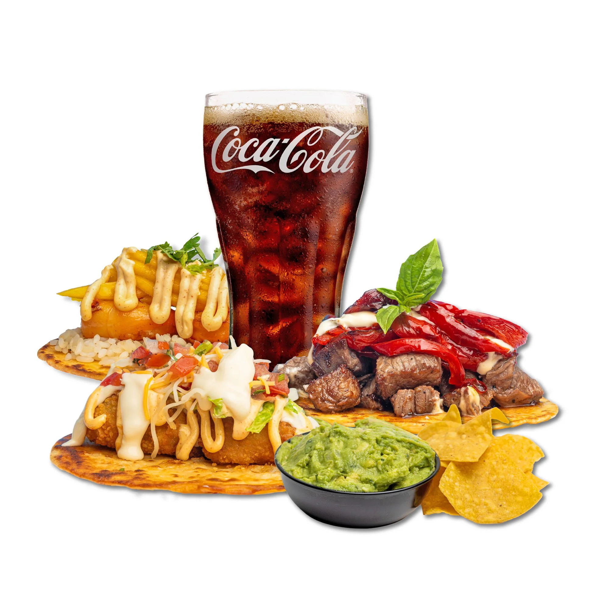 A glass of Coca-Cola with ice, three Mexican tacos with toppings and sauces, a bowl of guacamole, and tortilla chips on a white background.