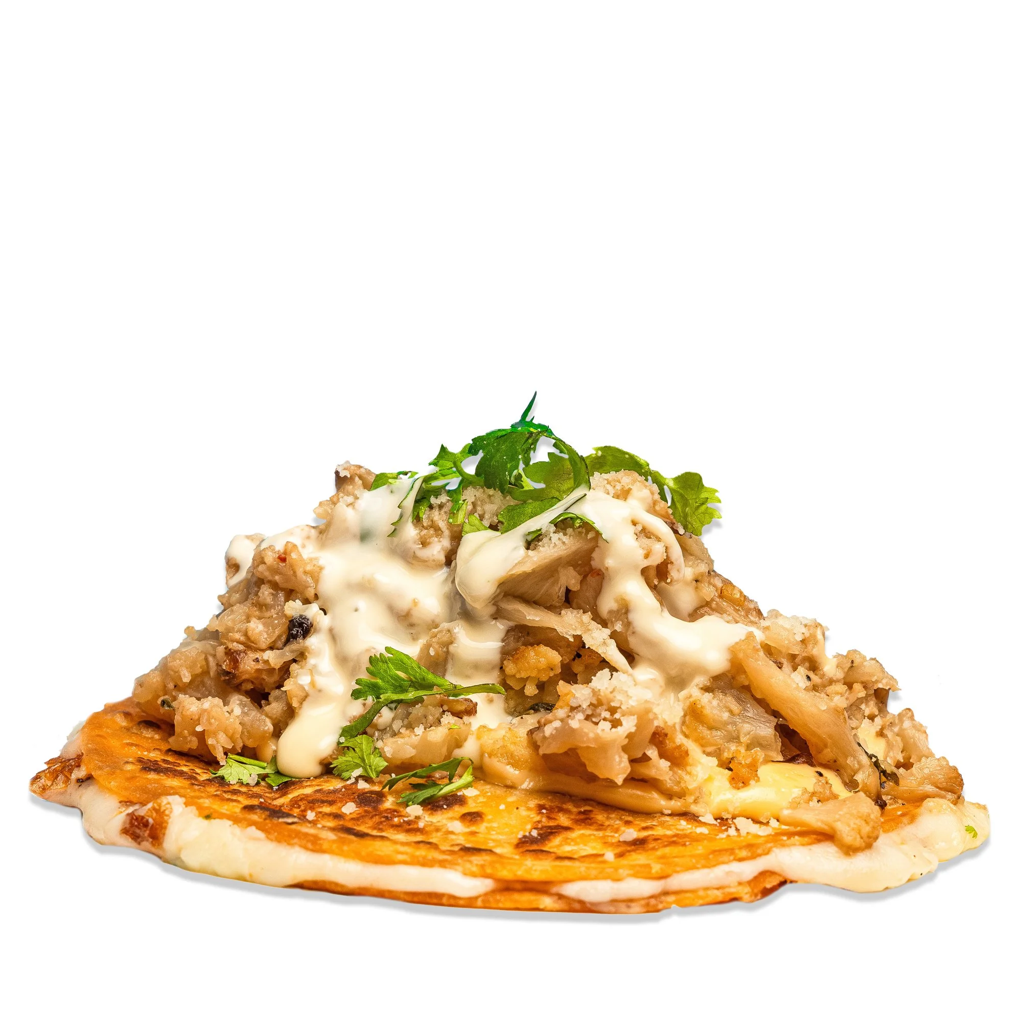 CAULIFLOWER EXPLOSION - Roasted cauliflower in a mozzarella-stuffed tortilla topped melted cheese, parmigiano, and fresh cilantro.