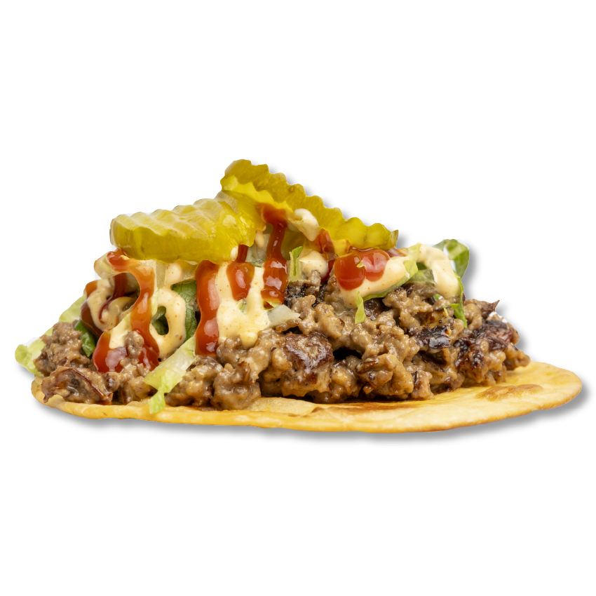 CHOPPED CHEESE TACO. Juicy smashed beef with crispy edges, melted cheddar, shredded lettuce, bread & butter pickles, and a hit of ketchup + spicy mayo—all wrapped in a warm tortilla.