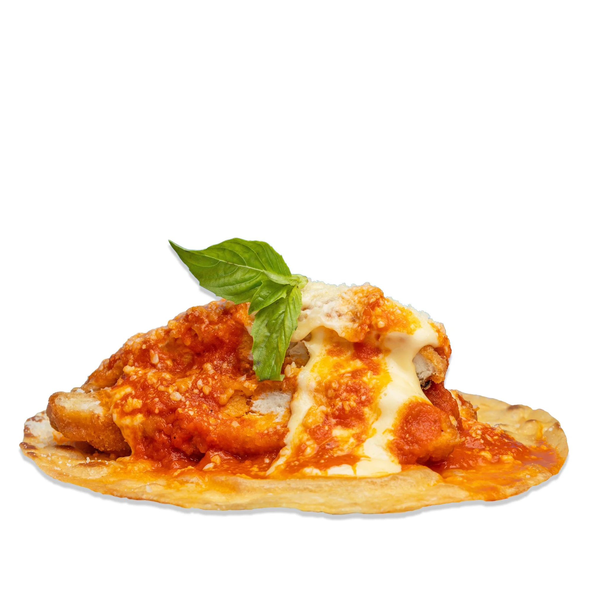 CHICKEN PARMIGGIANA - Crispy chicken with Sunday sauce, melted cheese, shaved parmigiano, and fresh basil.
