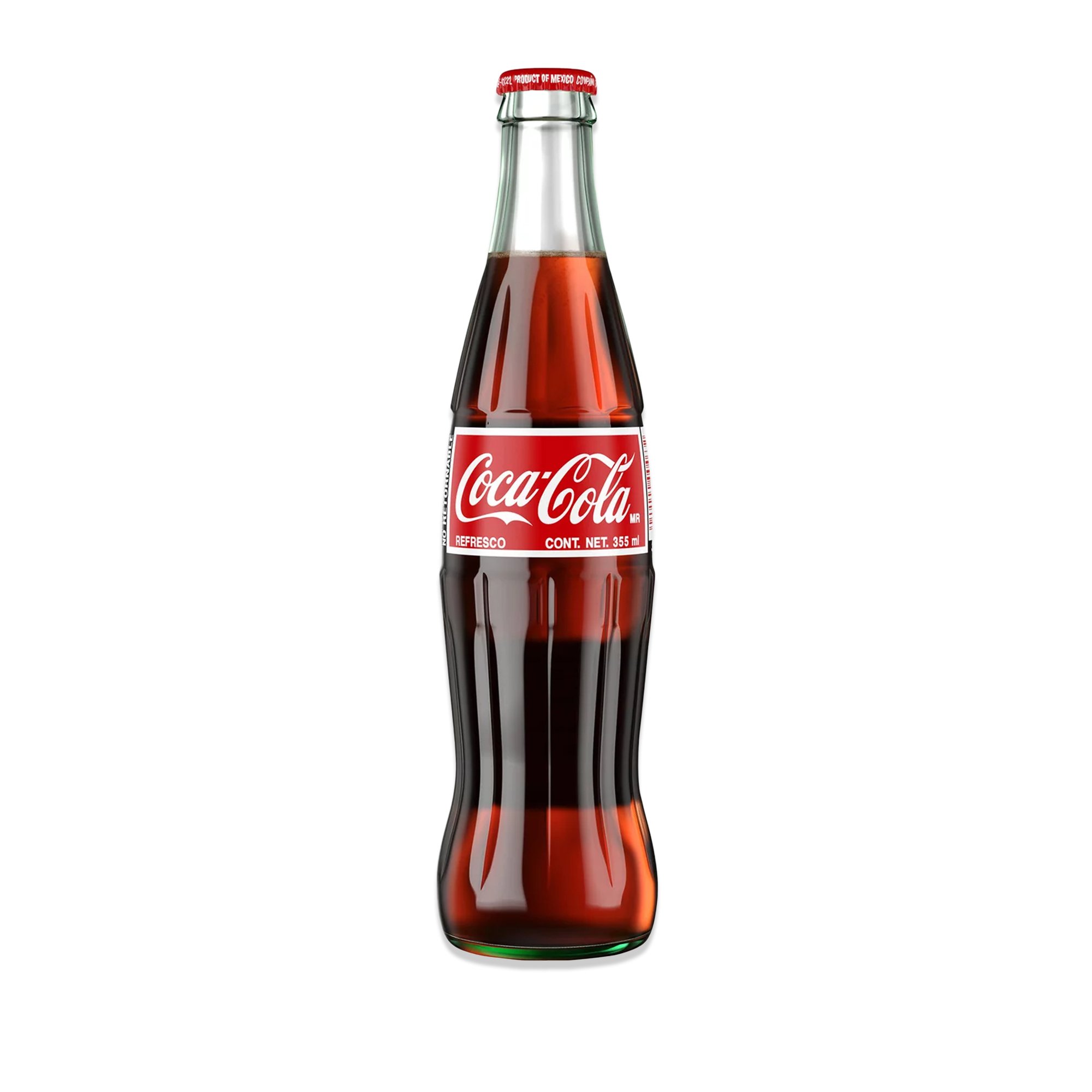 MEXICAN COKE - A classic glass Coca-Cola bottle filled with dark soda and a red label featuring the white Coca-Cola logo.