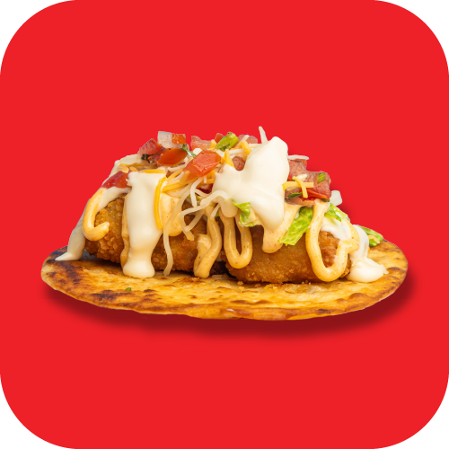 Taco with fried fish, shredded cheese, sour cream, lettuce, diced tomatoes, and hot sauce on a tortilla, against a red background.