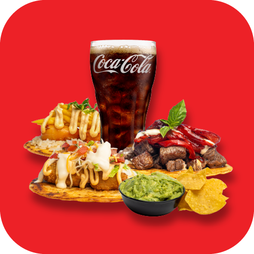 A plate with two tacos topped with sauce, shredded cheese, and vegetables, a bowl of guacamole, tortilla chips, a plate of beef and vegetables with sauce, and a glass of Coca-Cola on a red background.