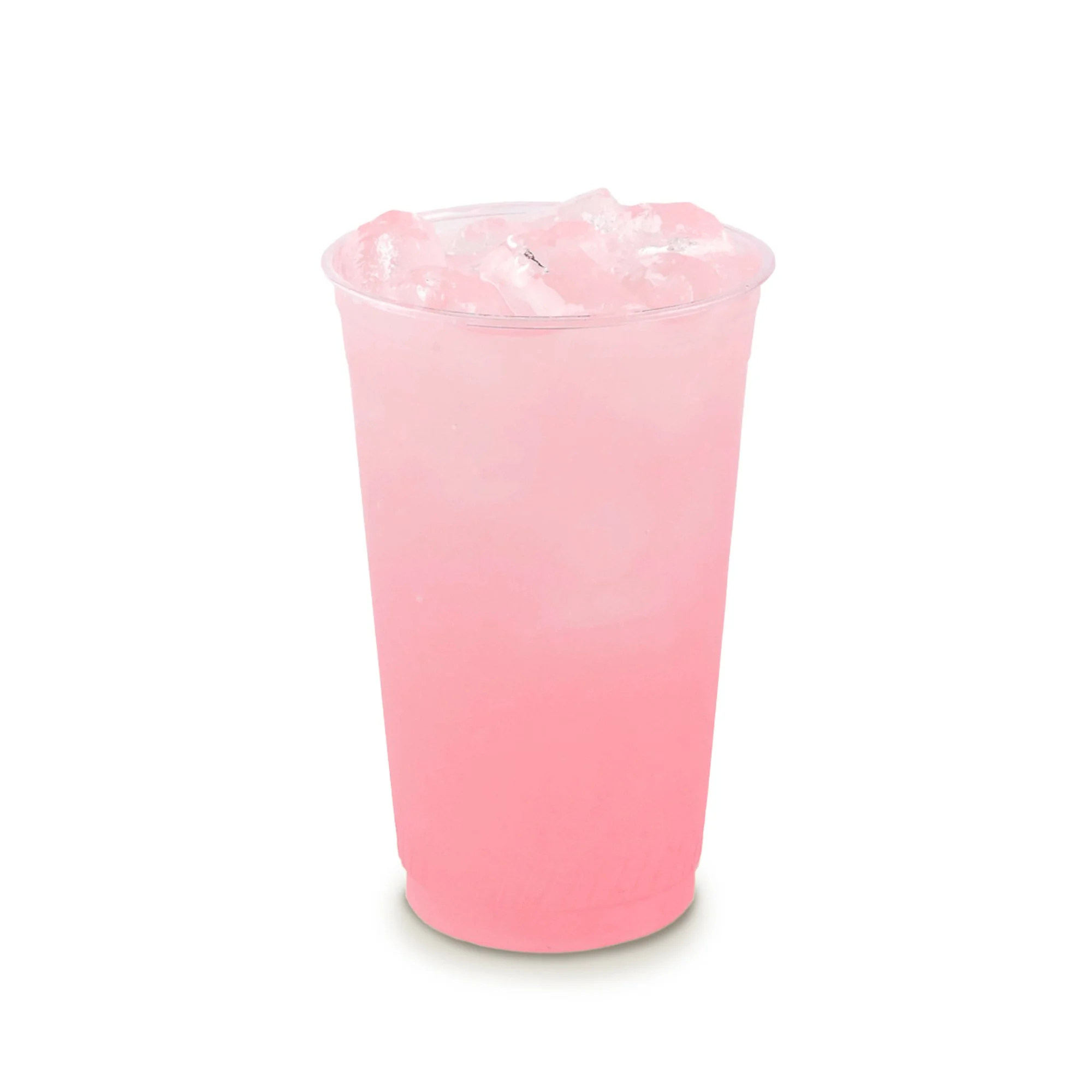 STRAWBERRY LEMONADE in a clear plastic cup filled with ice.