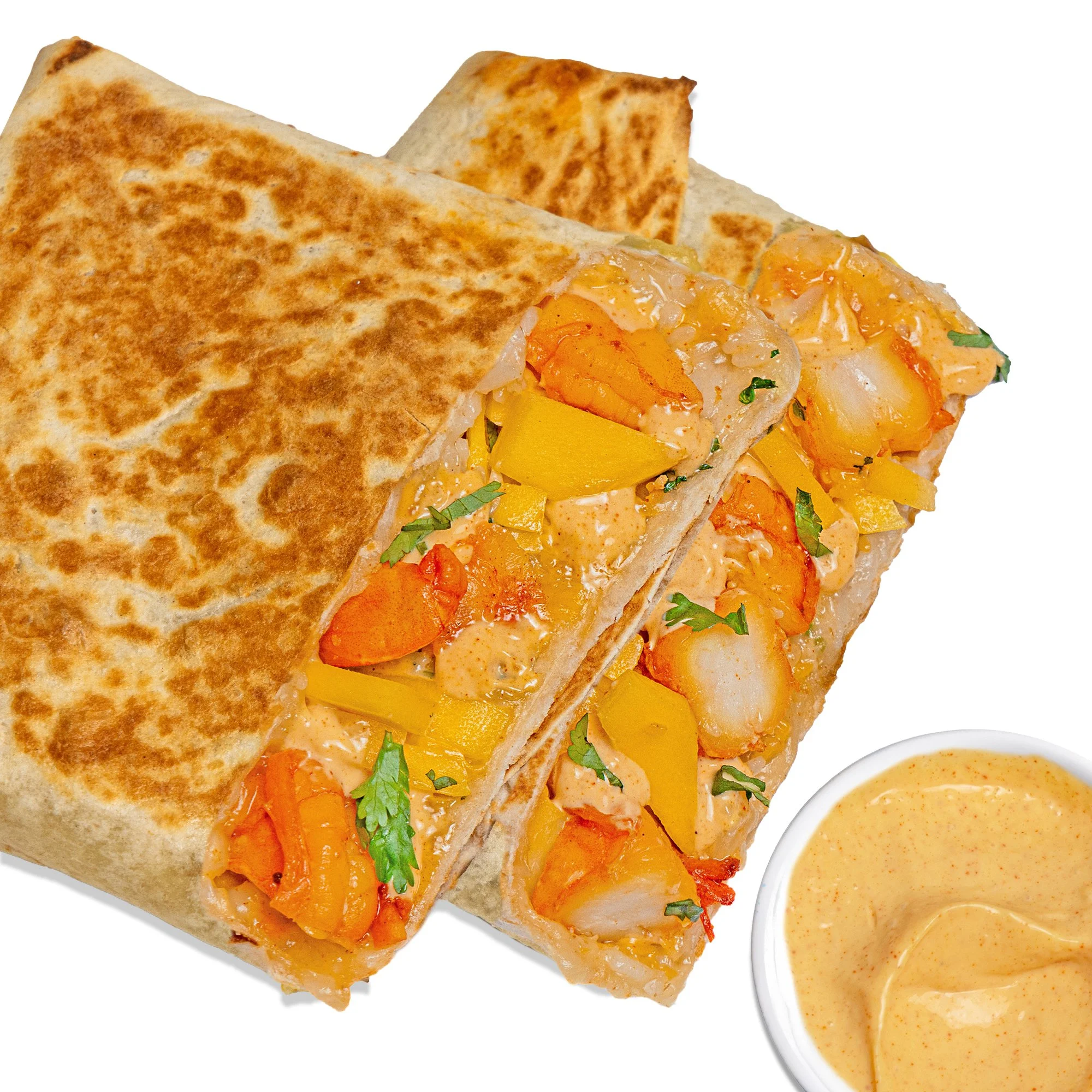 SHRIMP & MANGO QUESADILLA - grilled shrimp, rice, mango, spicy mayo, cilantroe.