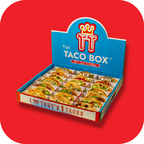 A blue taco box display containing twenty tacos with various toppings, against a red background.