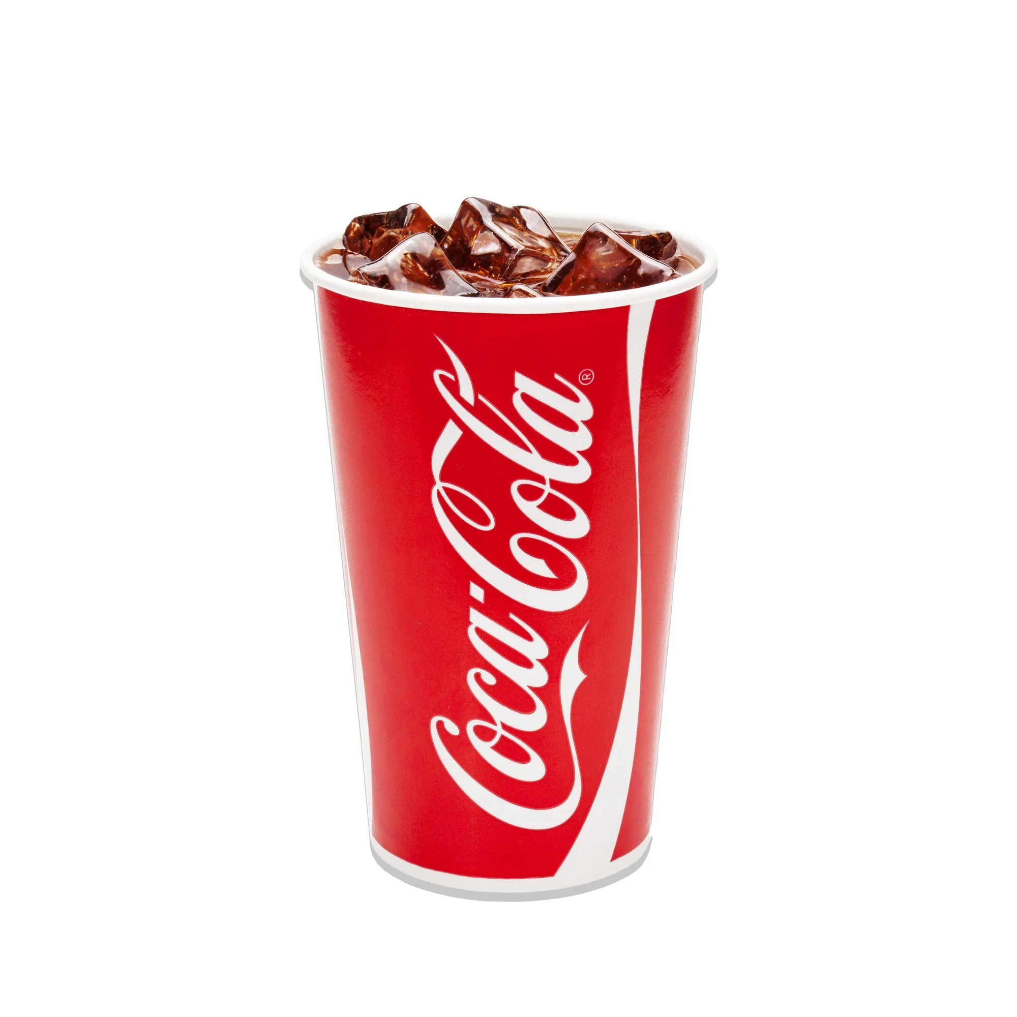 FOUNTAIN SODA - A red Coca-Cola paper cup filled with ice and cola, displaying the classic white Coca-Cola logo.