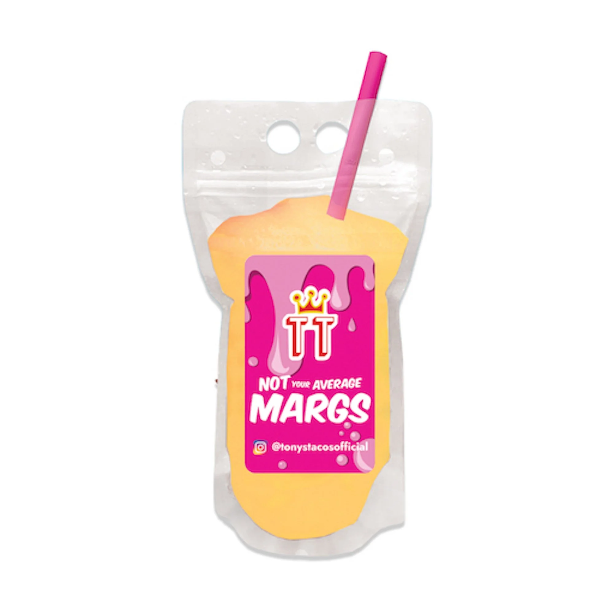 FROZEN MANGO Margarita from Tony’s Tacos—a vibrant frozen margarita served in a drink pouch for ultimate convenience.