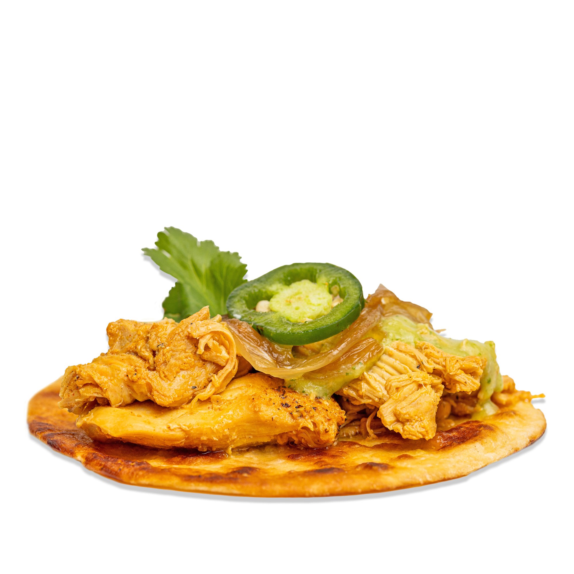 Chicken taco on a soft corn tortilla with cilantro and jalapeño slices.