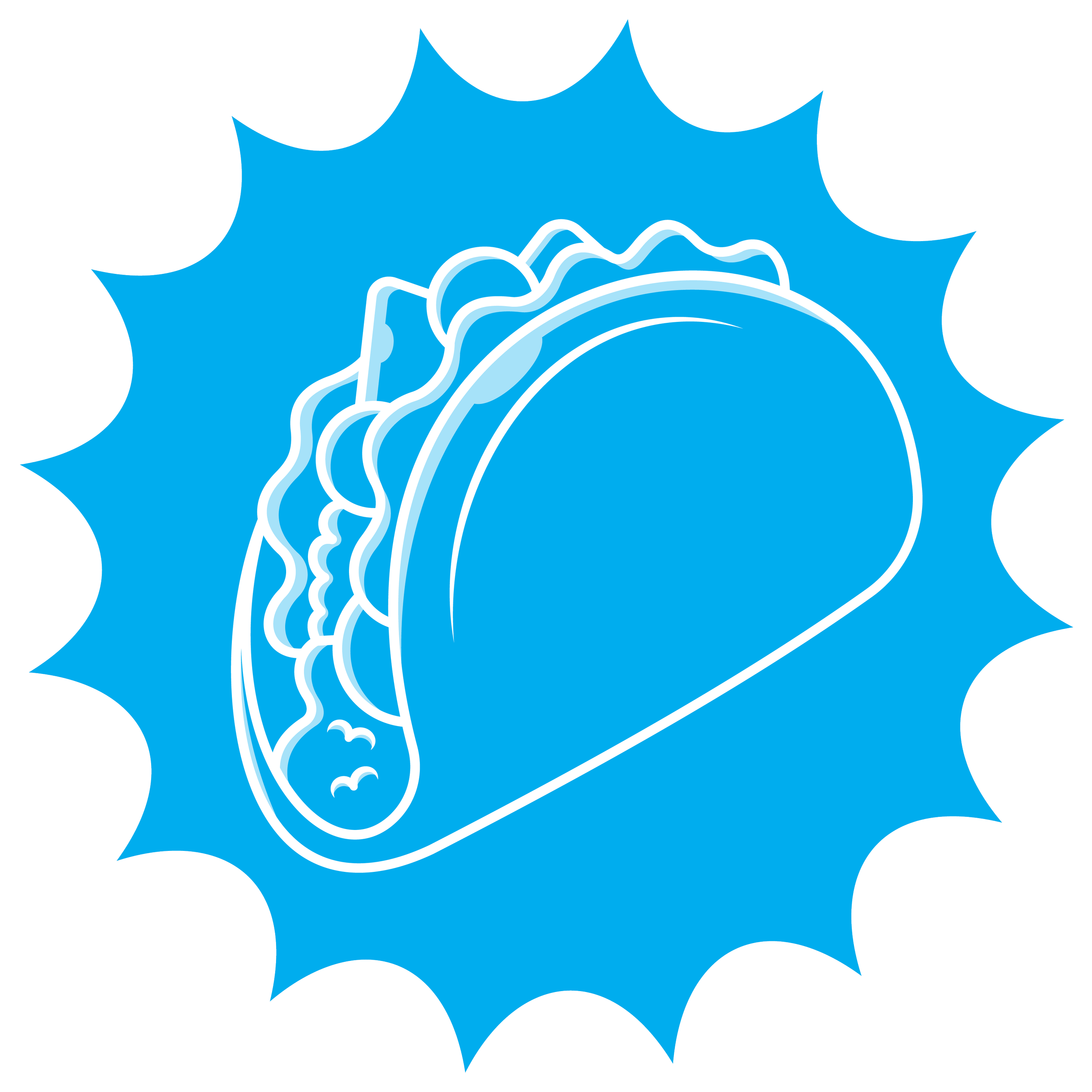 Simplified digital illustration of a taco with a blue background and spiky border.