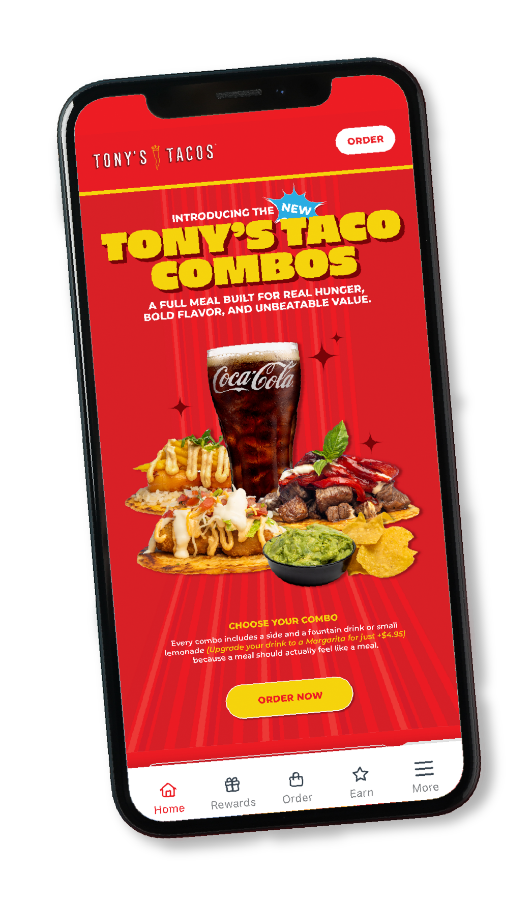 Smartphone screen displaying Tony's Tacos promotional menu with taco, soda, guacamole, chips, and a burger, highlighting Tony's Taco Combos.