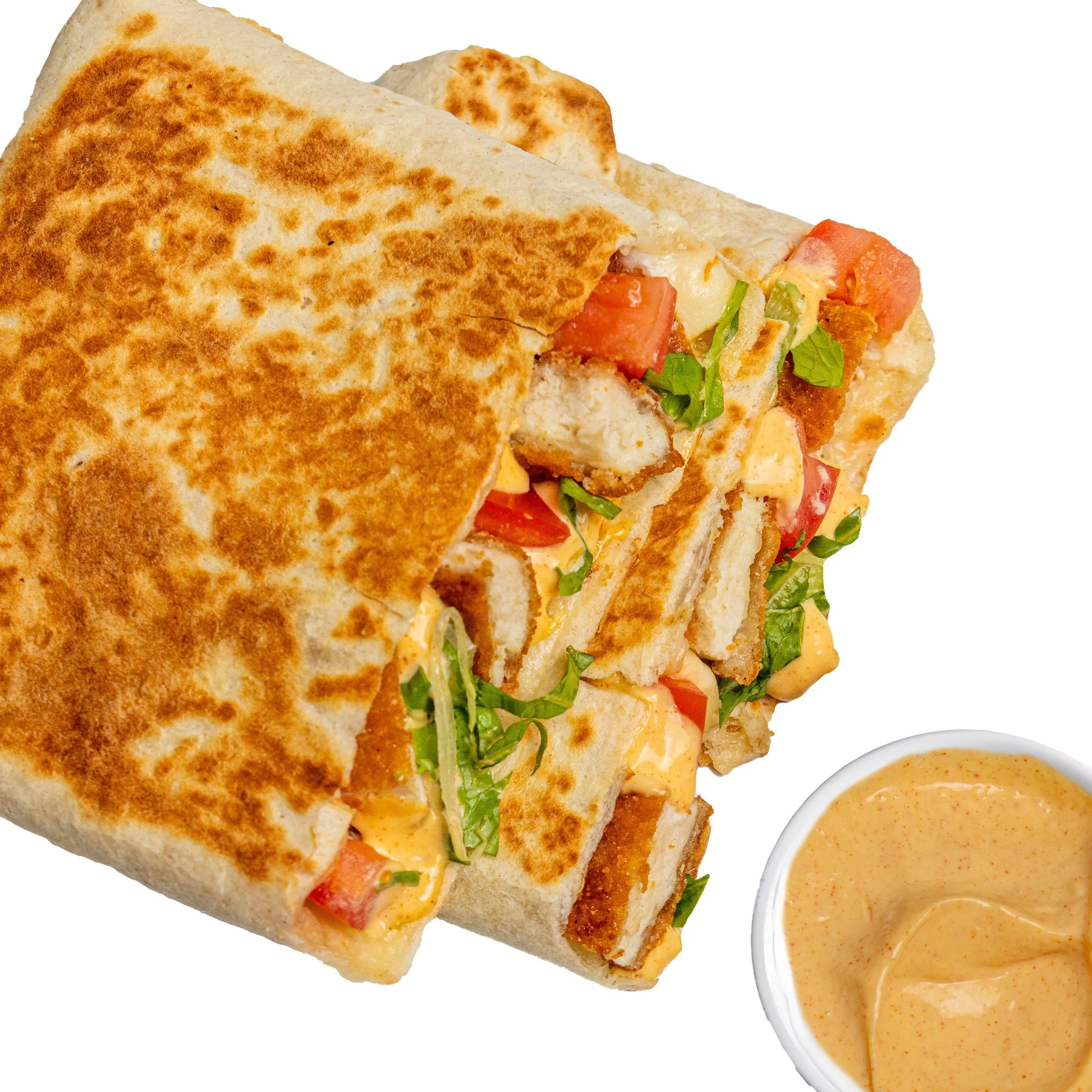THE CHICKEN CLUB QUESADILLA- fried chicken, lettuce, pico, spicy mayo, cheese