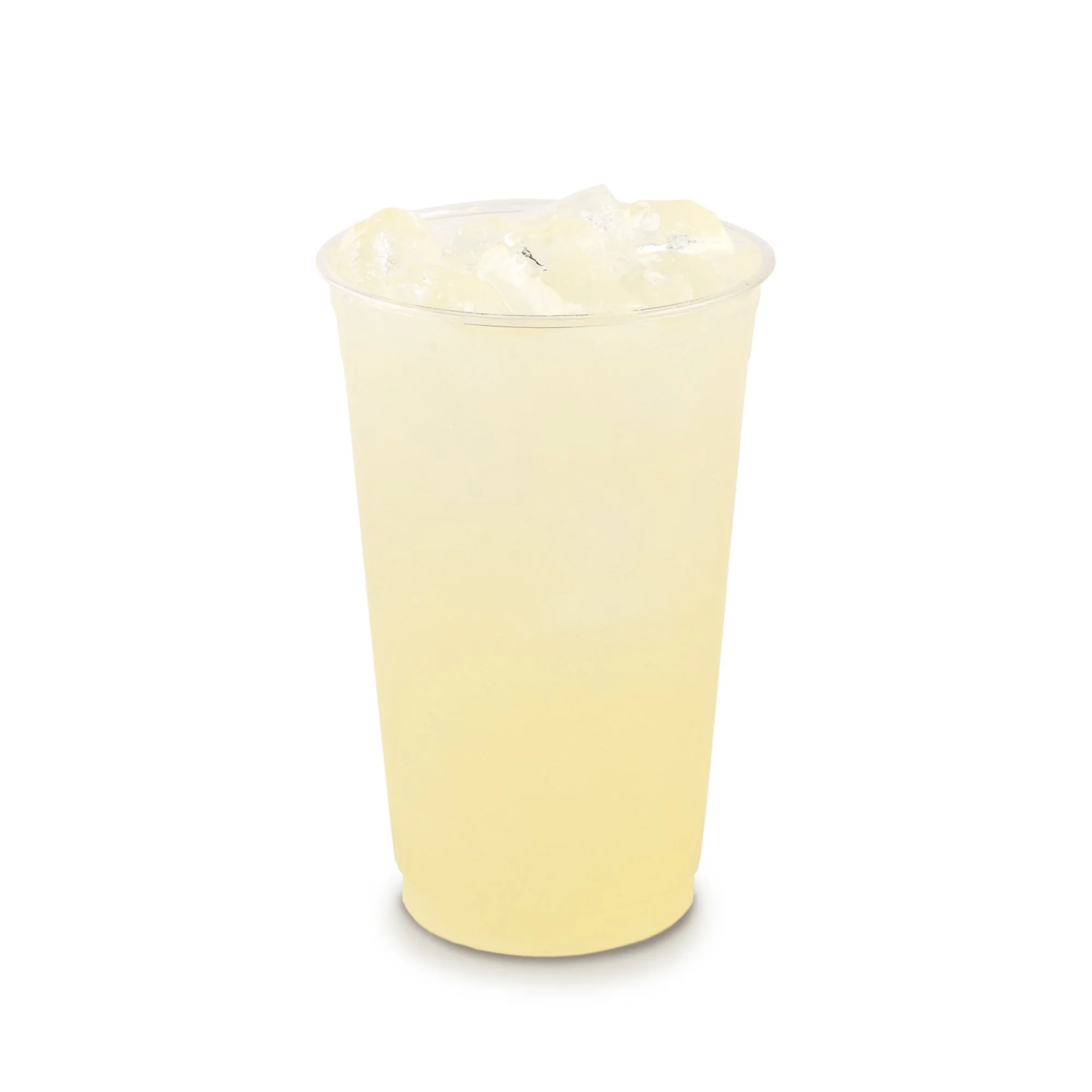 A clear plastic cup filled with a HOMEMADE LEMONADE  and ice cubes on top.