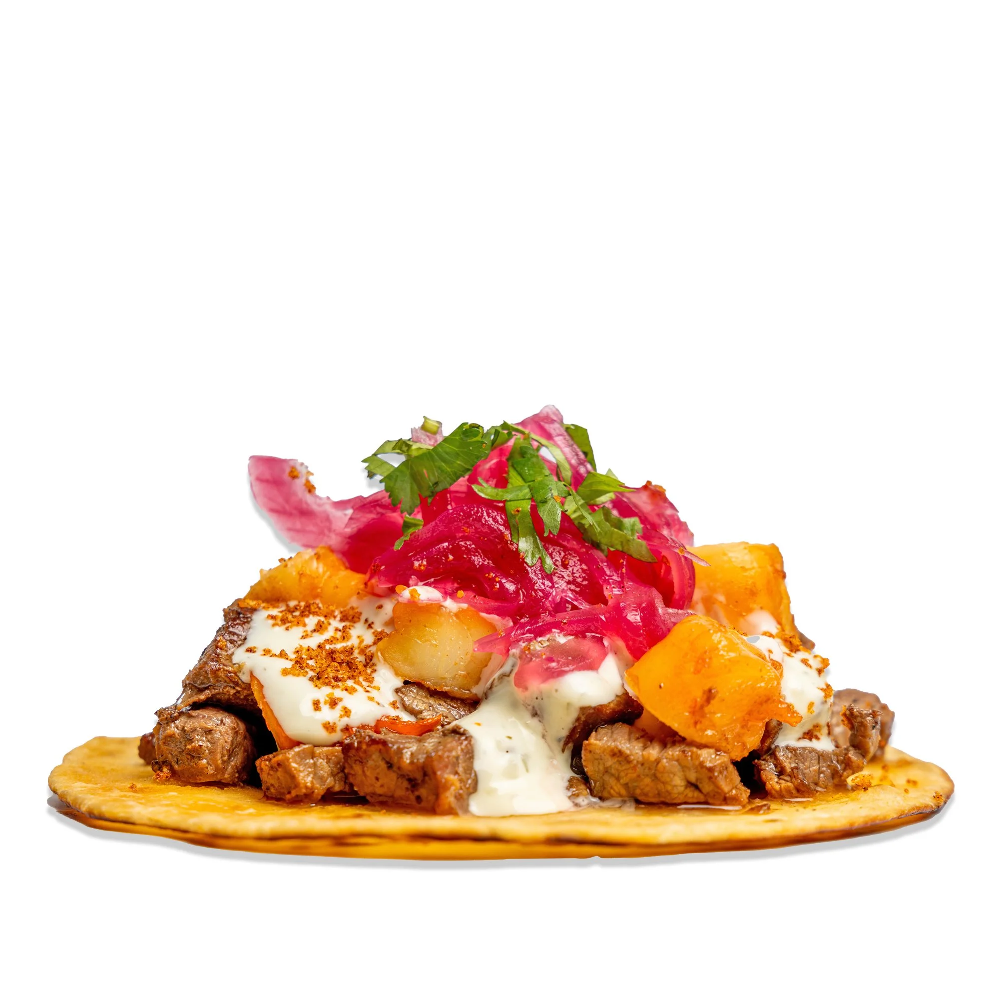 SURF & TURF TACO - Juicy steak, shrimp, tartar, breadcrumbs, pickled red onion