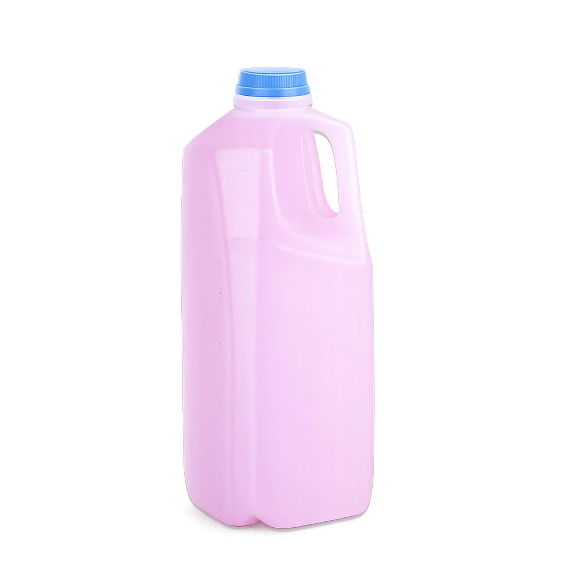 Pink plastic detergent bottle with a blue cap on a white background.