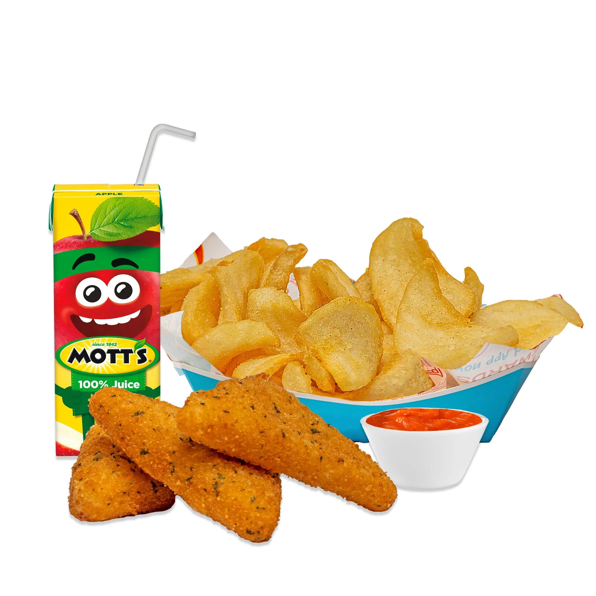 KID'S COMBO MEAL  - MOZZARELLA TRIANGLES, FRIES, and a carton of apple juice with a straw.
