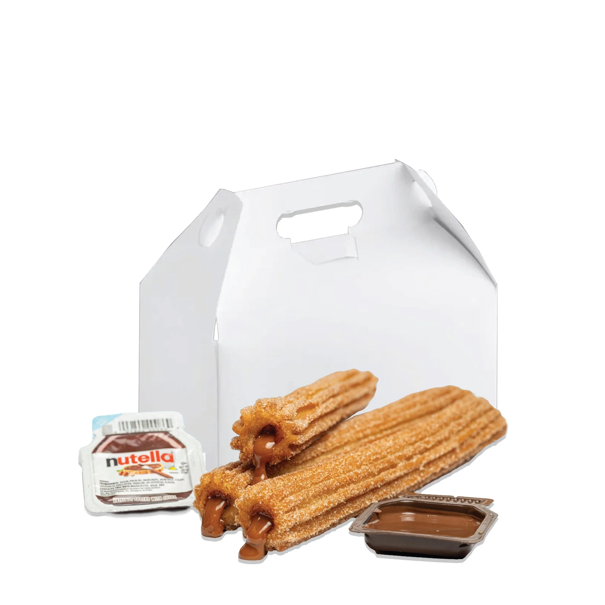 Churros with Nutella and chocolate dipping sauce in a white takeout box