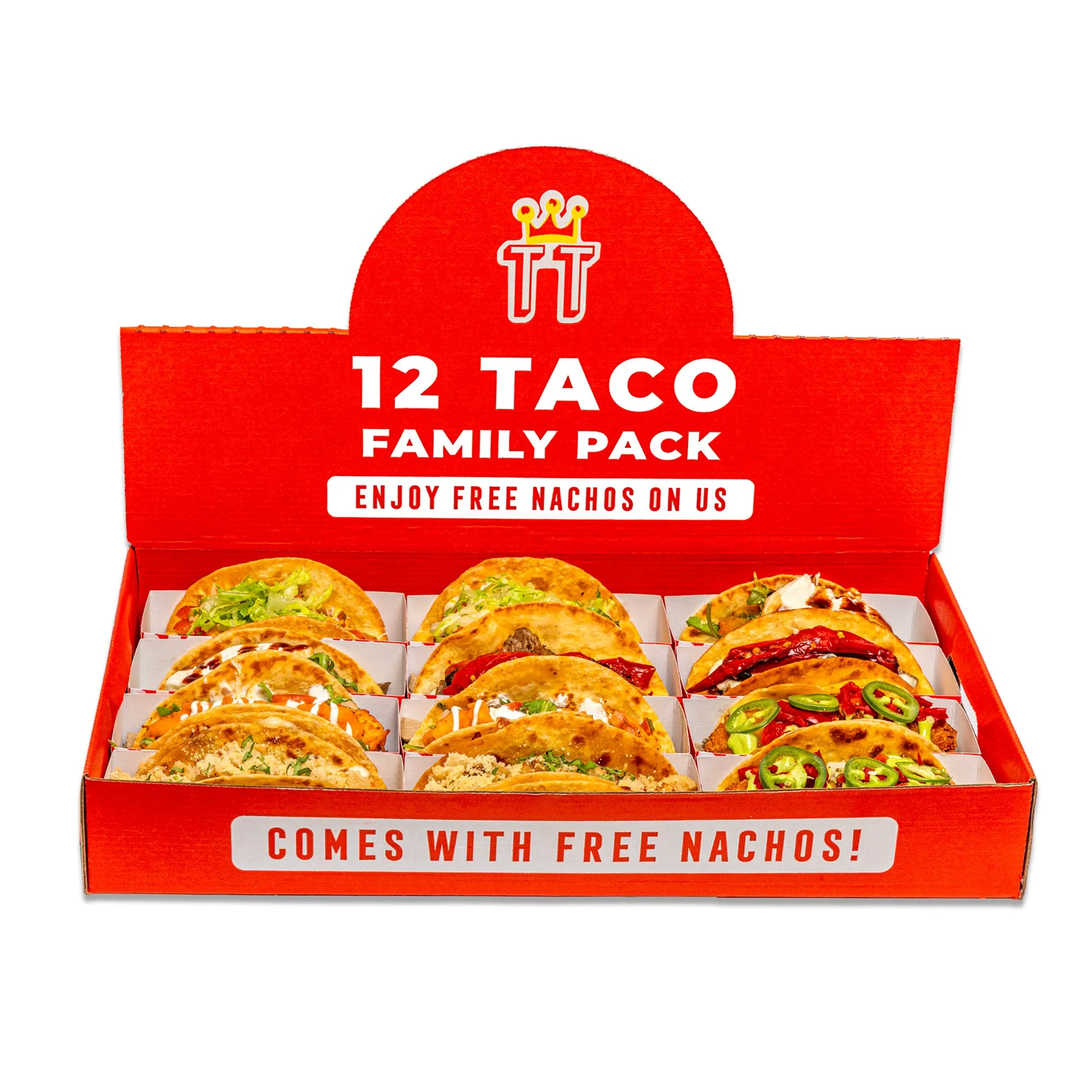 12 TACO FAMILY MEAL Choose up to 12 tacos — any mix, any style. Great for groups, parties, or when one or two just isn’t enough. FREE NACHOS Included