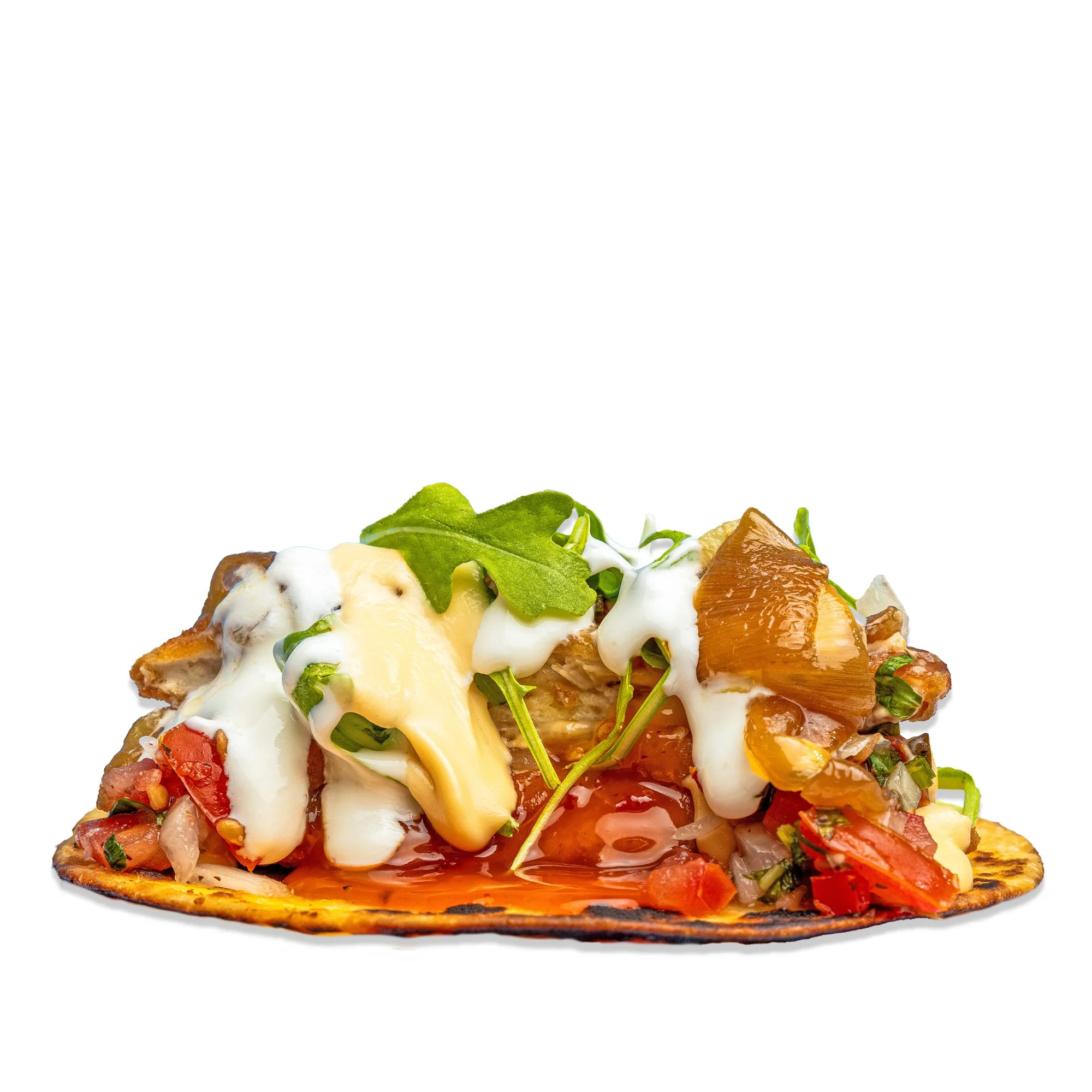 SPICY CHICKEN - Crispy chicken with queso, arugula, pico, sour cream, caramelized onions, and mango habanero sauce.