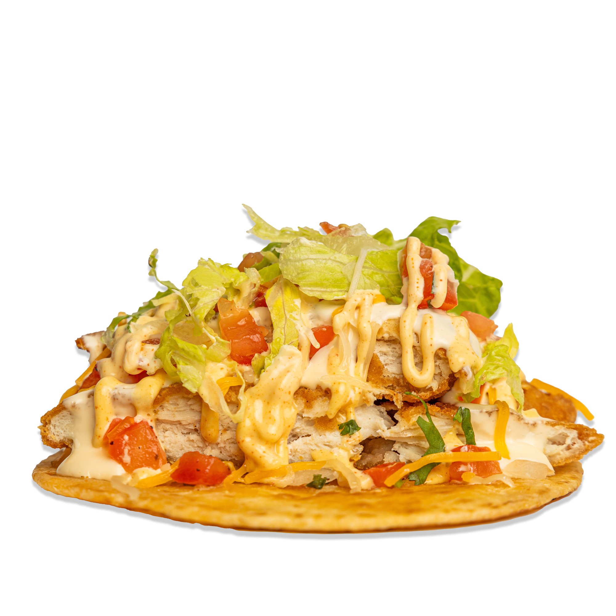 CHICKEN CLUB - Crispy fried chicken, melted queso, pico, lettuce, cheddar & jack blend, finished with TT spicy mayo.