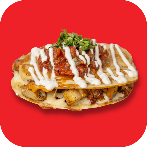 A stuffed quesadilla with melted cheese, beef, and colorful bell peppers on a red background.