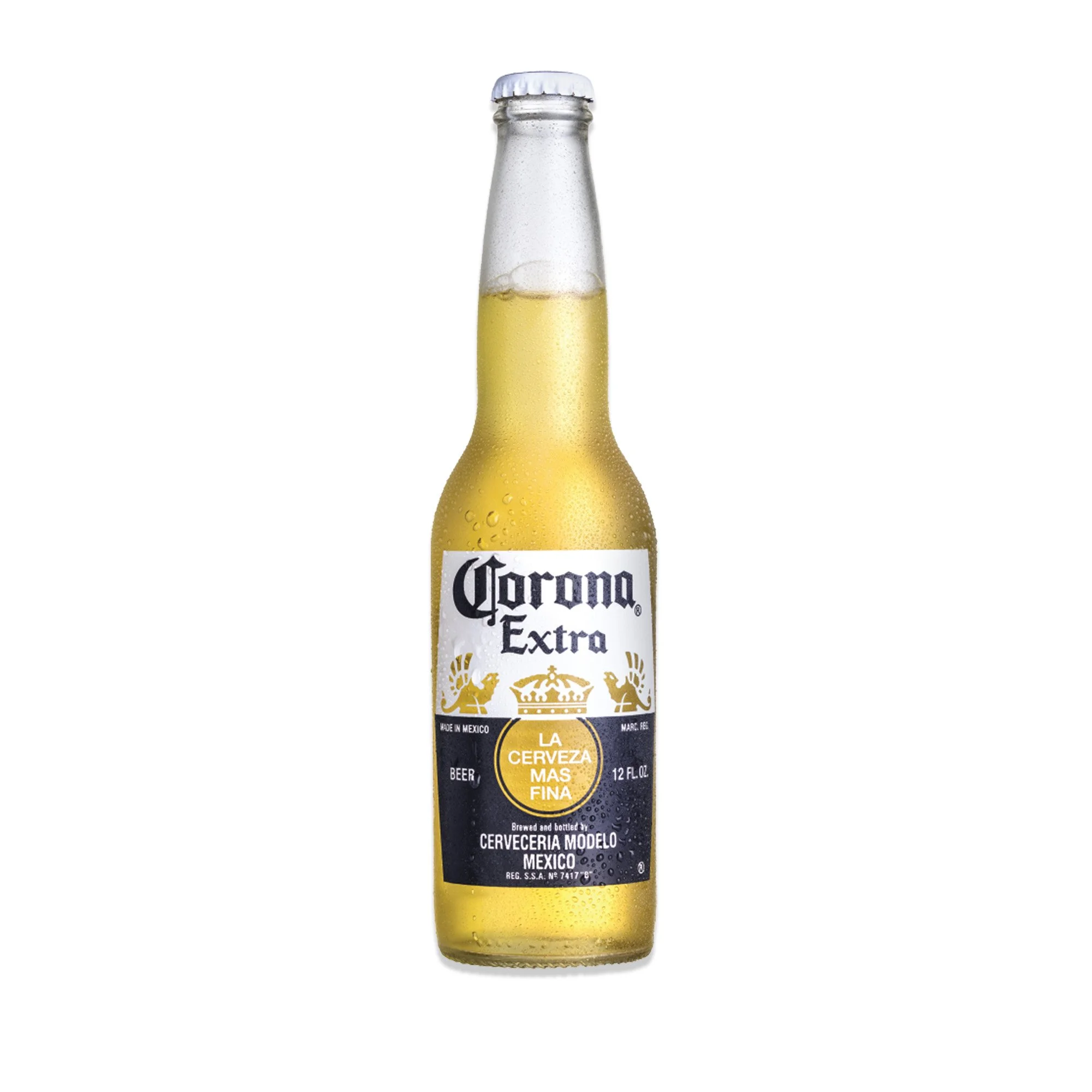 A clear glass bottle of Corona Extra beer with condensation, featuring a white and yellow label that reads 'Corona Extra' and 'La Cerveza Más Fina', with a crown and lion graphics, against a plain white background.