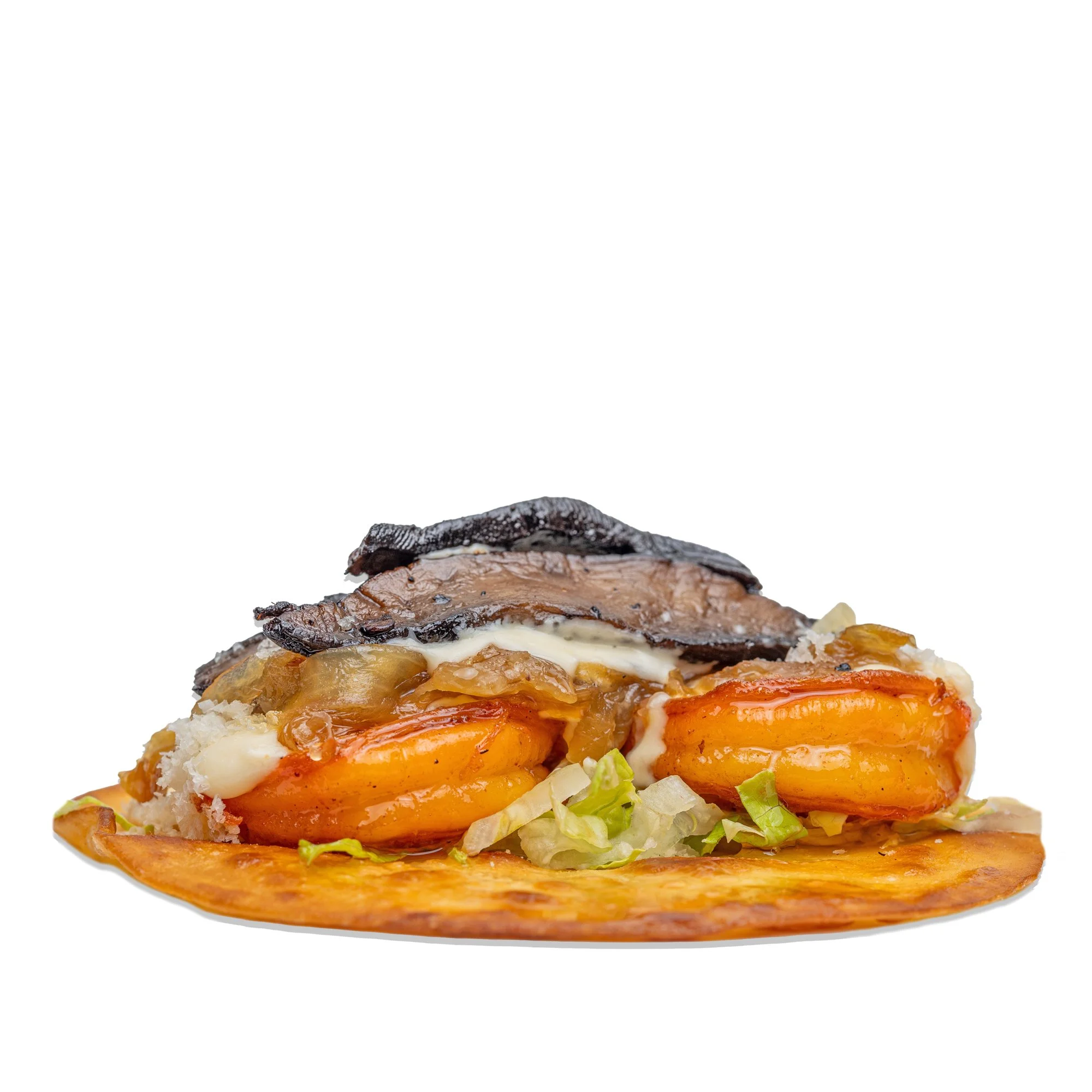 SHROOM - Grilled Shrimp with crispy lettuce, melted cheese, caramelized onion, mushroom and Parmigiano