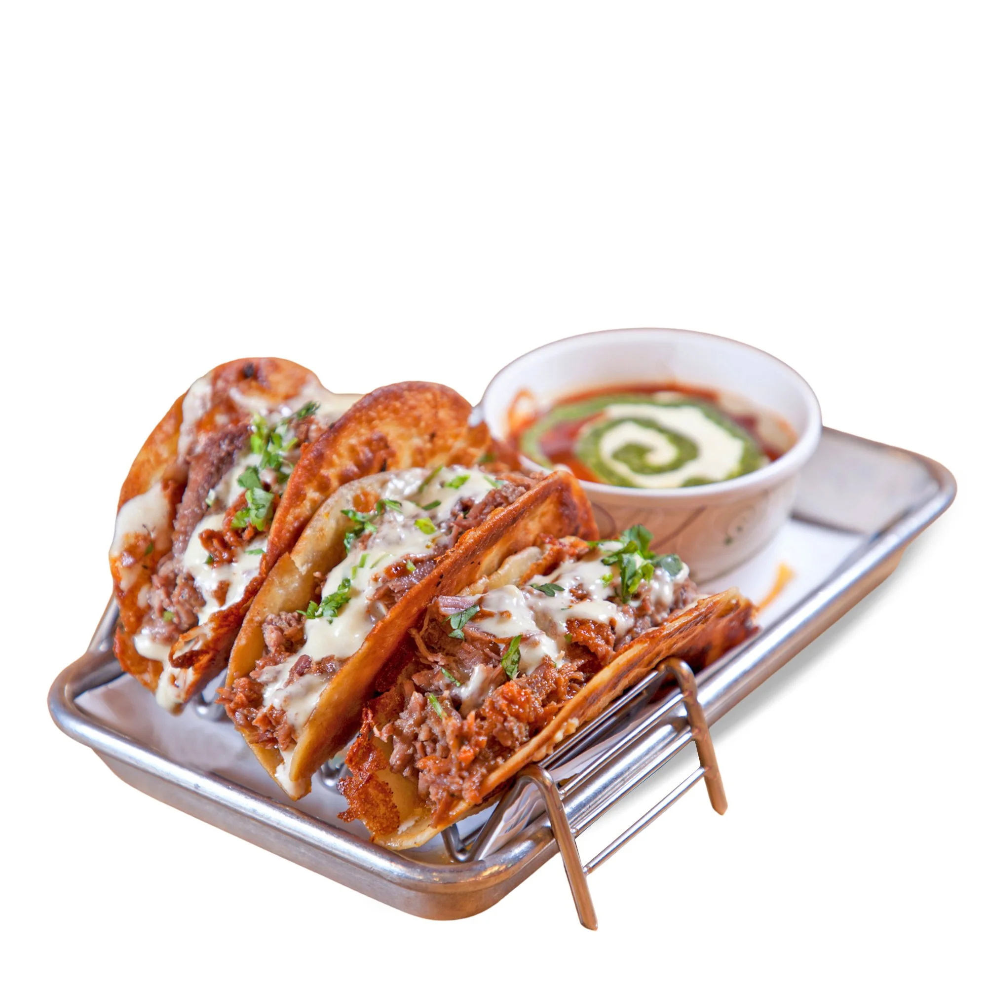 SCARPETTA (SET OF 3) - 3 delicious garlic and oil mozzarella tortillas with braised beef, cheese, and pomodoro sauce, a touch of cilantro, served with Tony's secret Scarpetta dipping sauce.