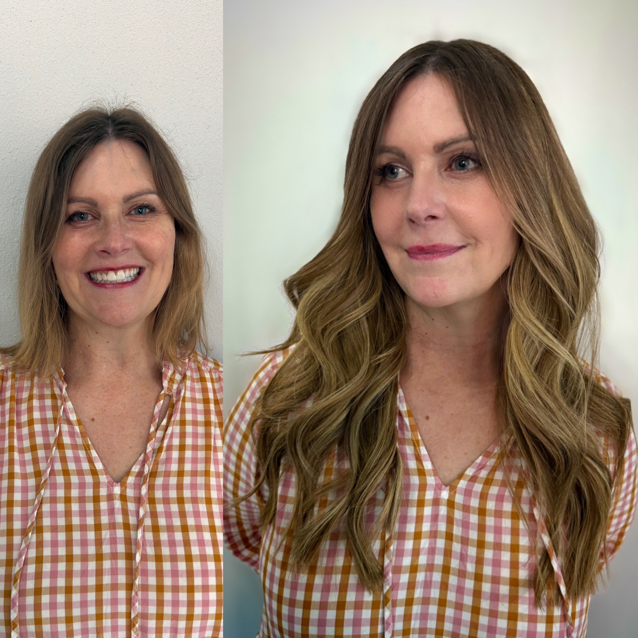 Comparison of two side-by-side portraits of the same woman, showing her before and after a beauty treatment, with focus on face and hairstyle.