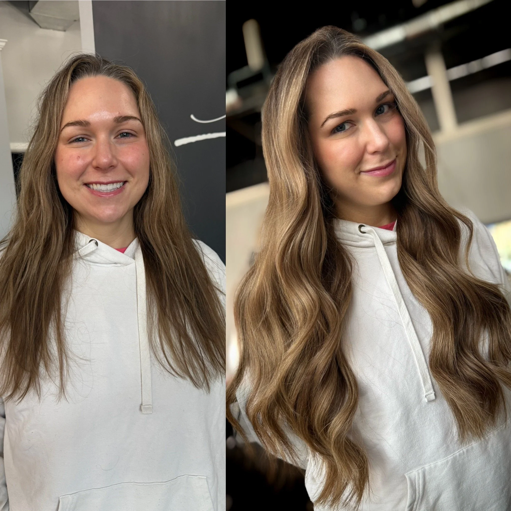 Comparison of a woman's face with clear skin on the left and slightly different lighting and background on the right.