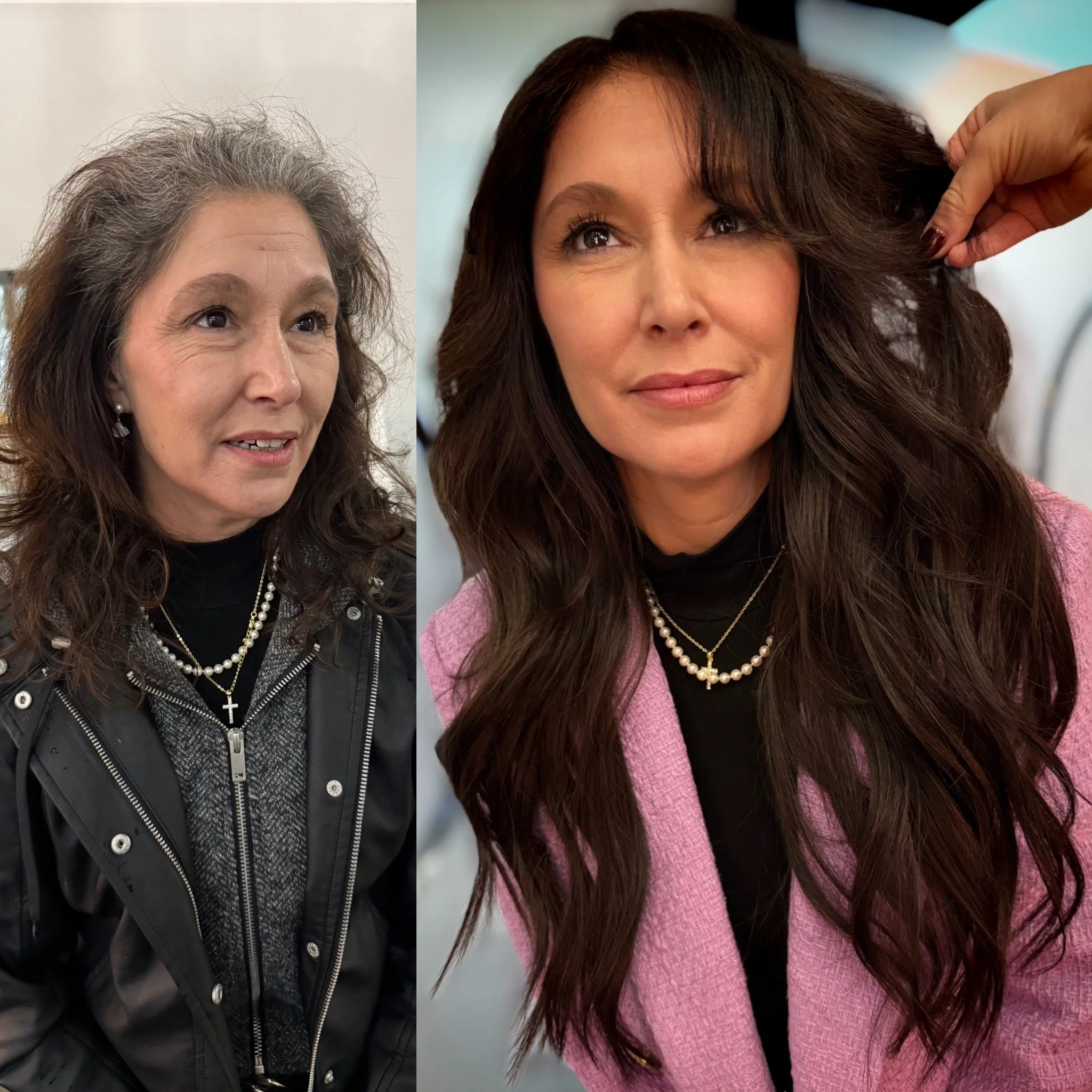 Before and after shots of a woman getting hair extensions, with a stylist attaching extensions to her hair.