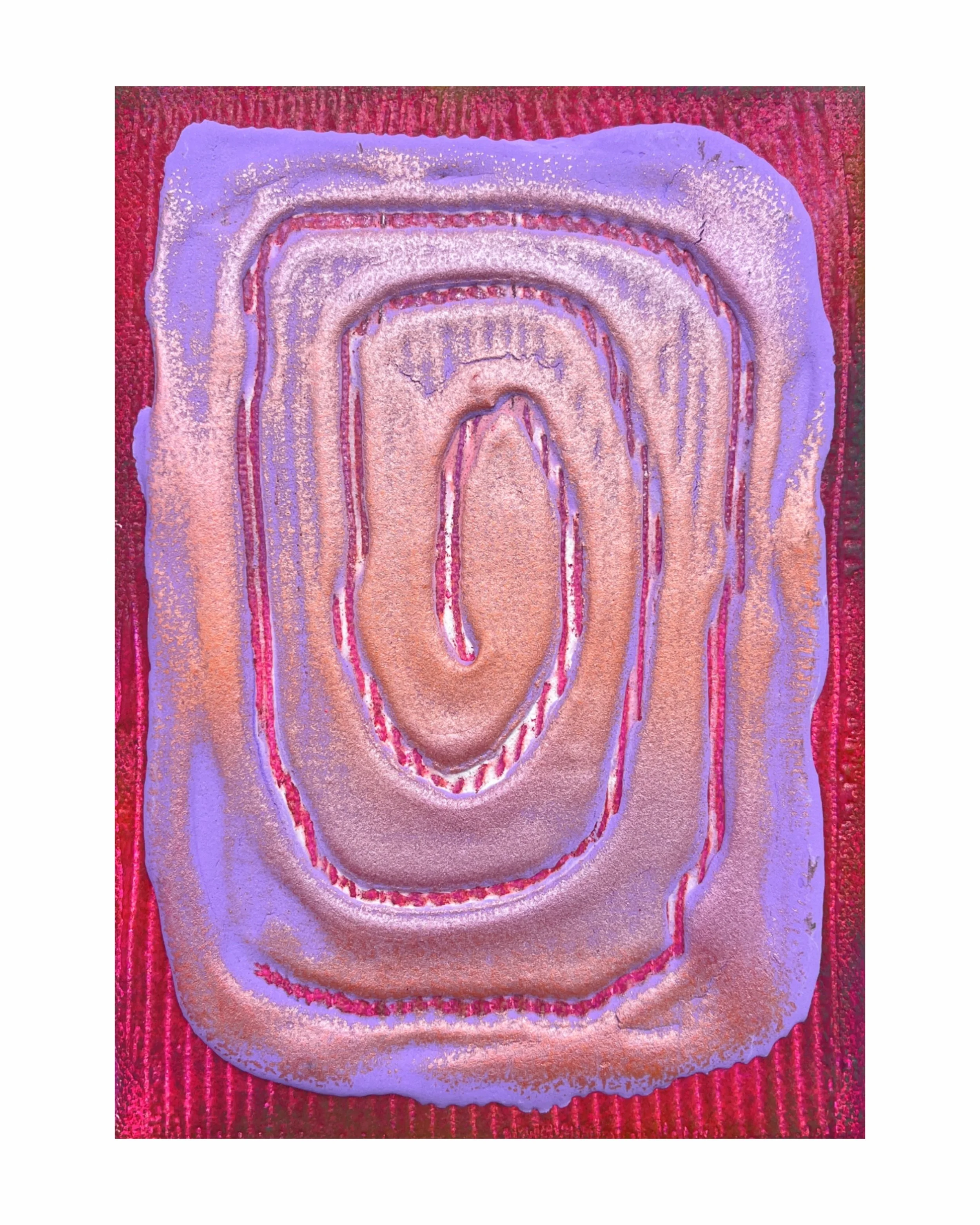 Abstract painting with layered concentric shapes in pink, purple, and red on a textured pink background.