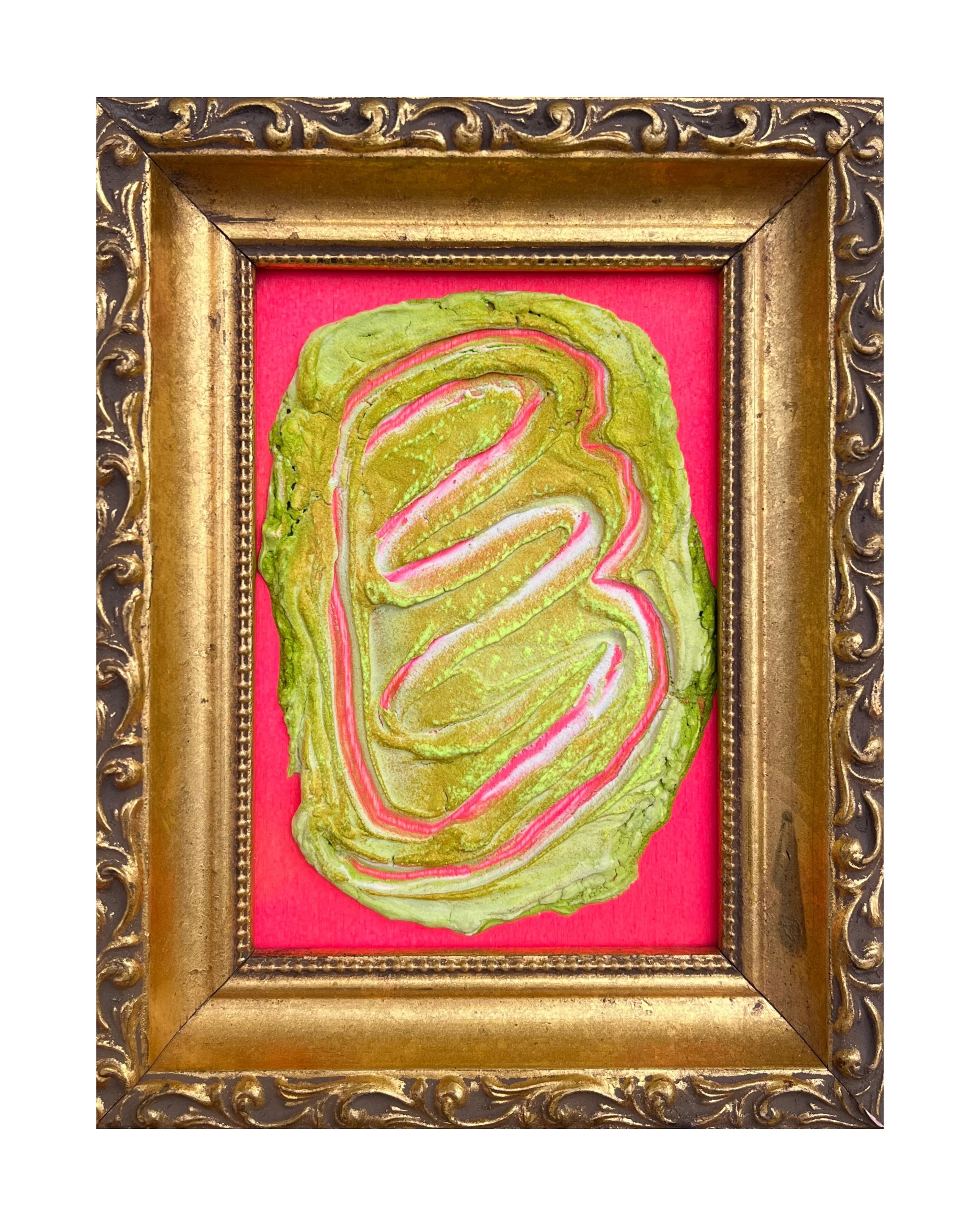 A vibrant, abstract artwork featuring swirling green and pink lines on a textured surface, framed in an ornate gold frame with a pink background.
