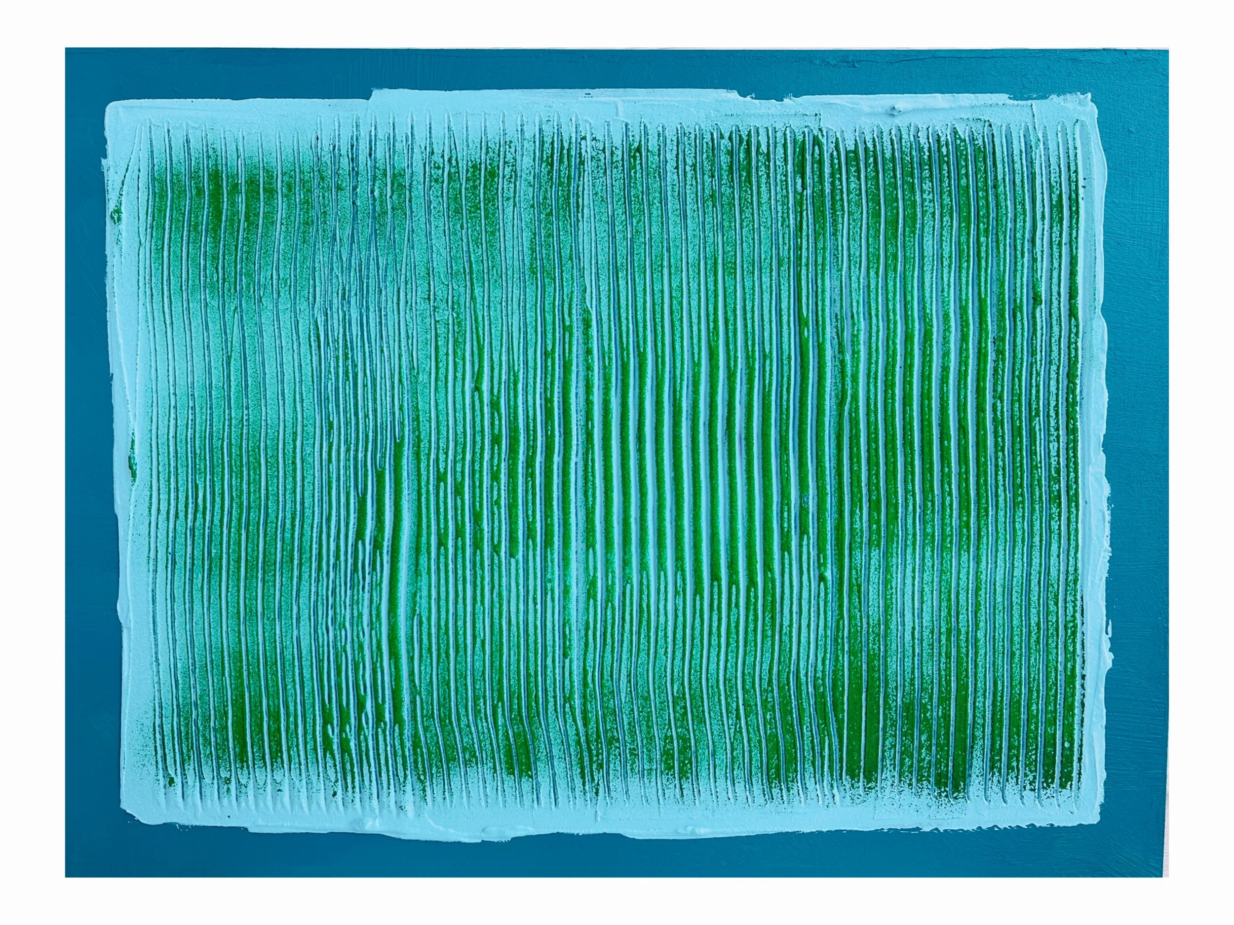 A close-up of a textured surface with vertical green lines on a teal background.