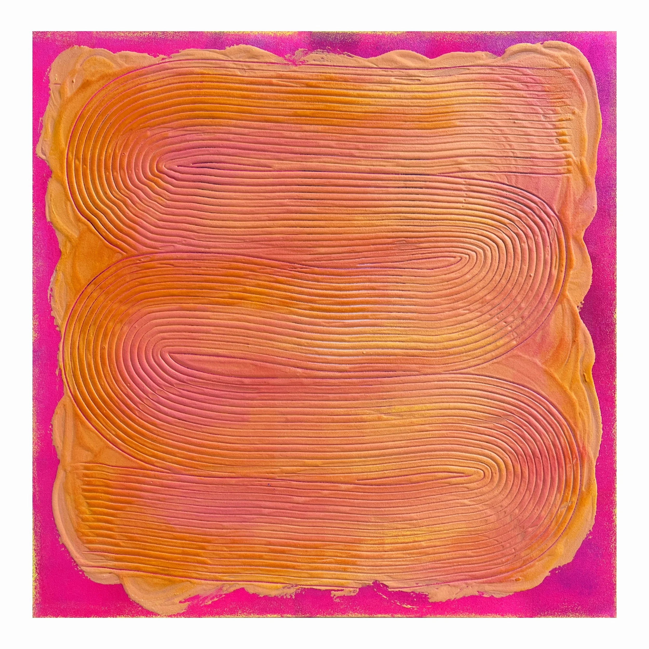 Close-up of a textured, pink and orange abstract painting featuring curved, parallel lines forming a flowing, layered pattern.