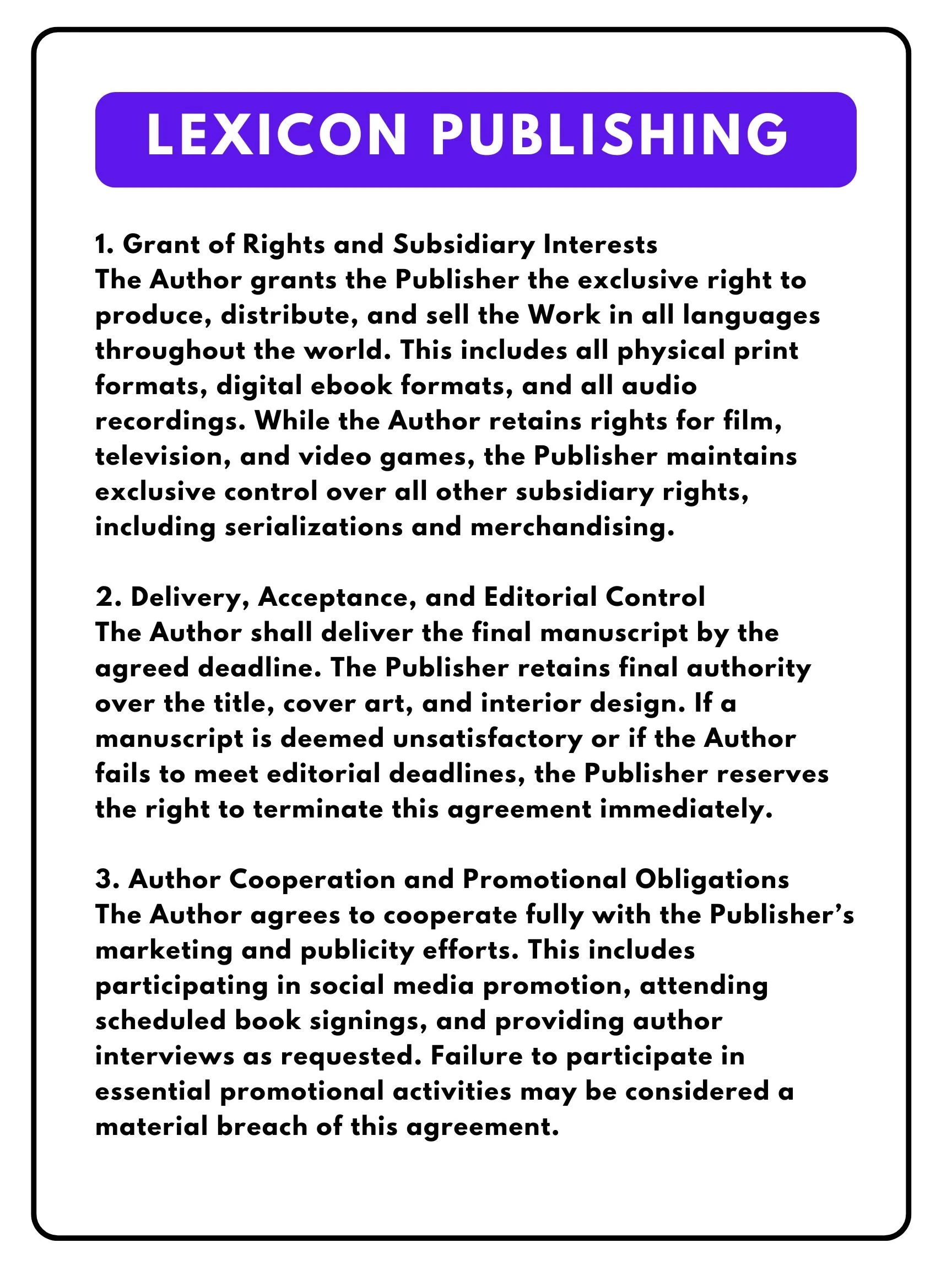 A close-up photo of a page from a publishing contract, titled 'Lexicon Publishing,' with sections detailing rights, delivery, and promotional obligations.