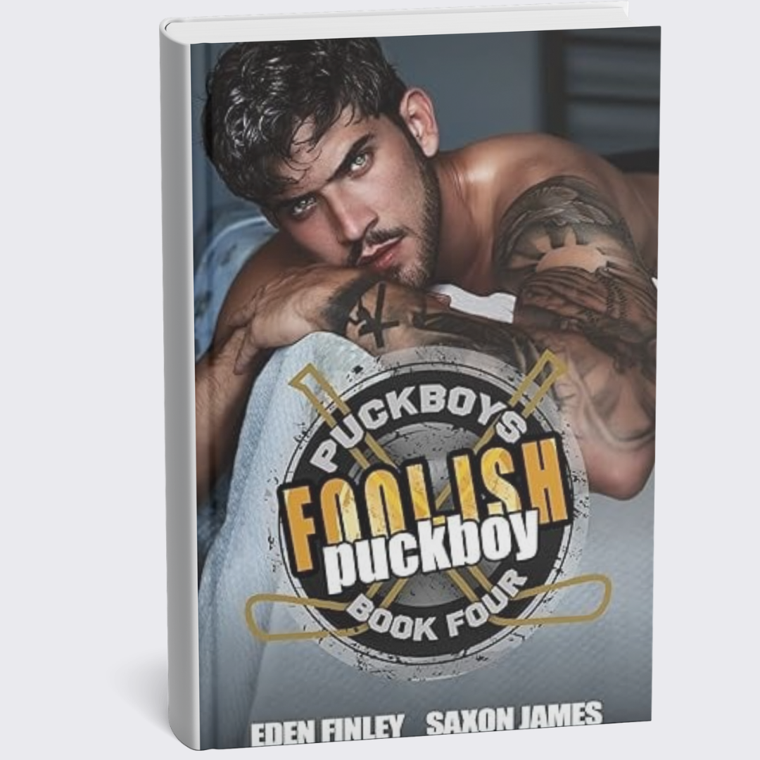 Book cover for 'Puckboys F***ing Puckboy Book Four' featuring a shirtless man with tattoos resting on his arms, looking at the camera. The title is in bold yellow and white letters with hockey sticks crossing behind it. The authors' names, Eden Finley and Saxon James, are at the bottom.