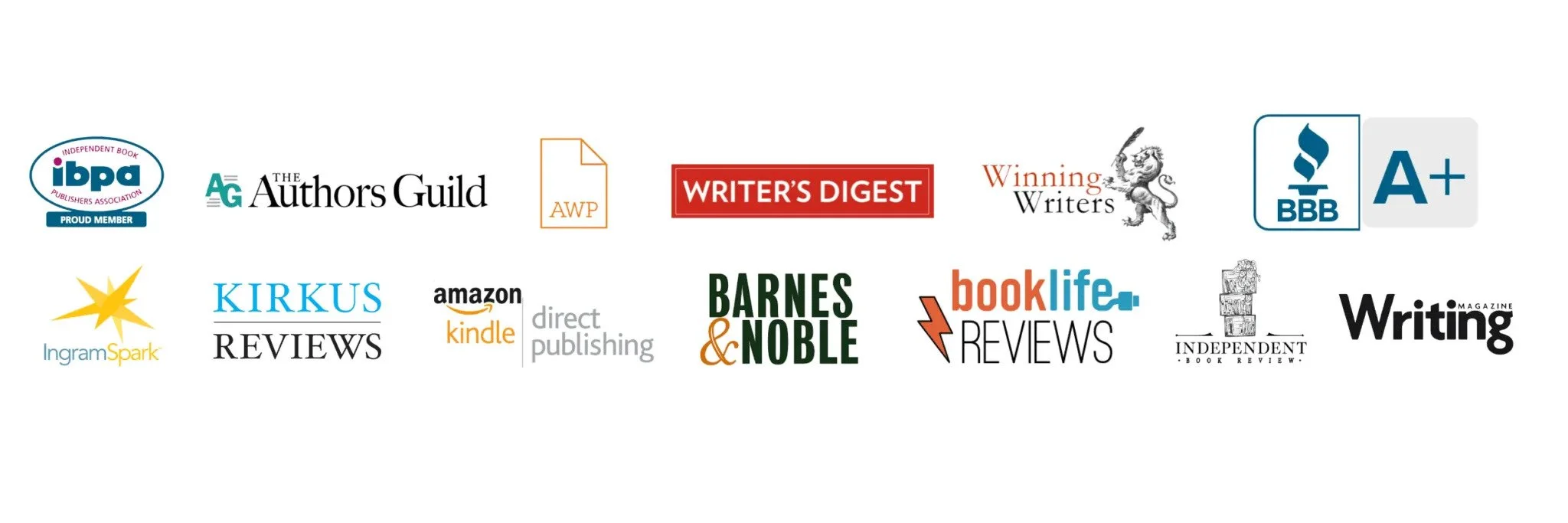 A collection of logos from various book and review organizations, including IBPA, Authors Guild, Writer's Digest, Winning Writers, BBB, A+, IngramSpark, Kirkus Reviews, Amazon Kindle, Barnes & Noble, BookLife Reviews, Indie Book Review, and Writing Magazine.