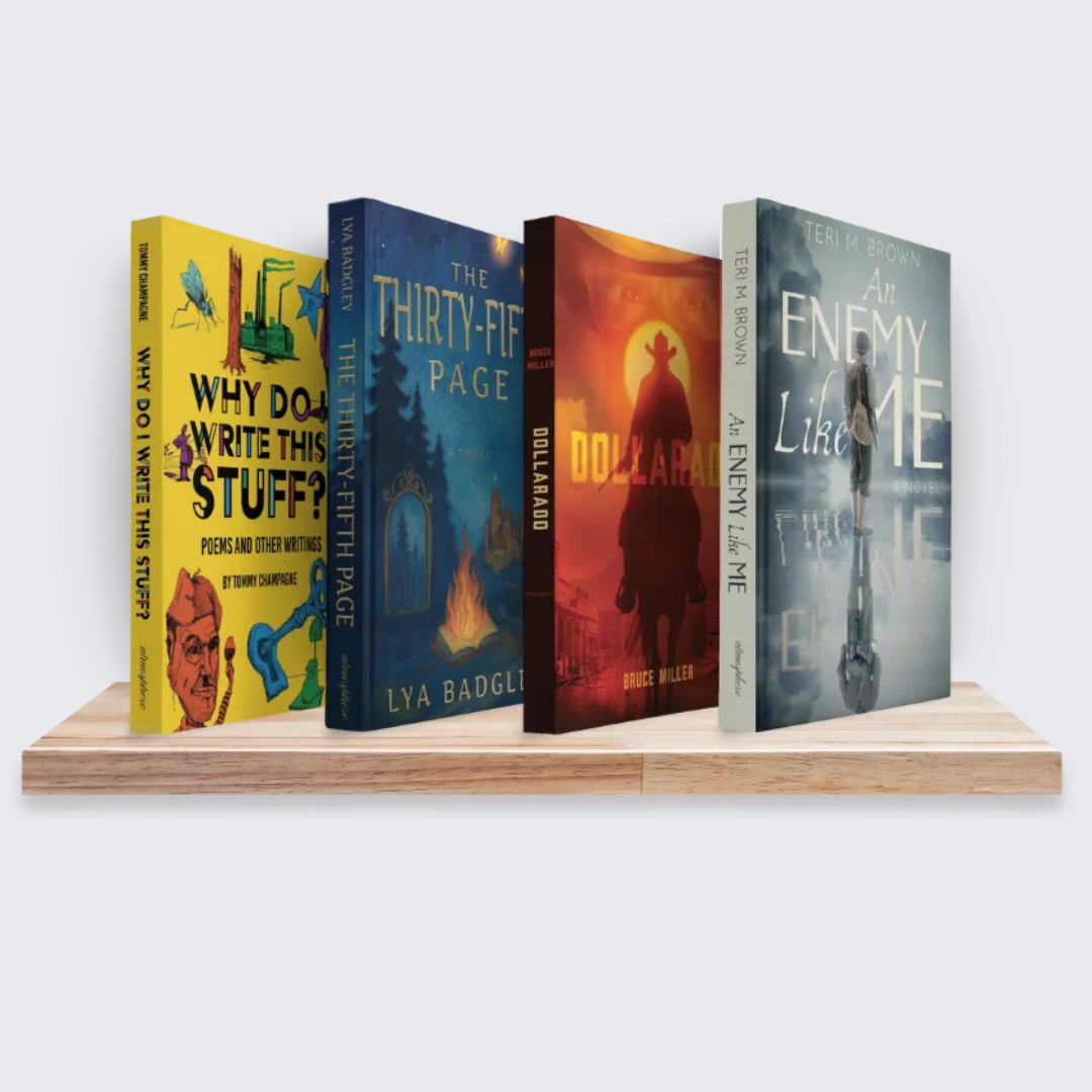 Four books standing on a wooden shelf, with titles: 'Why Do I Write This Stuff?', 'The Thirty-Fifth Page', 'Dollarrado', and 'An Enemy Like Me'.
